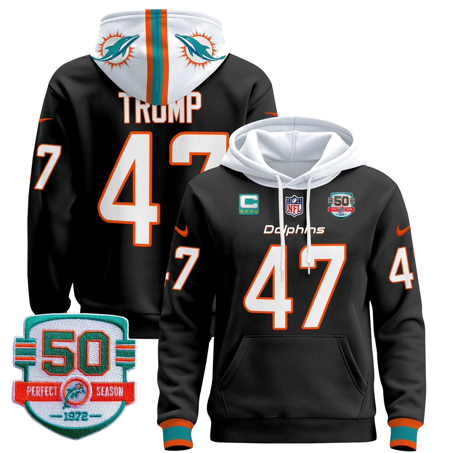 Men's Dolphins 50th 1972 Perfect Season Patch Pullover Hoodie - All Stitched