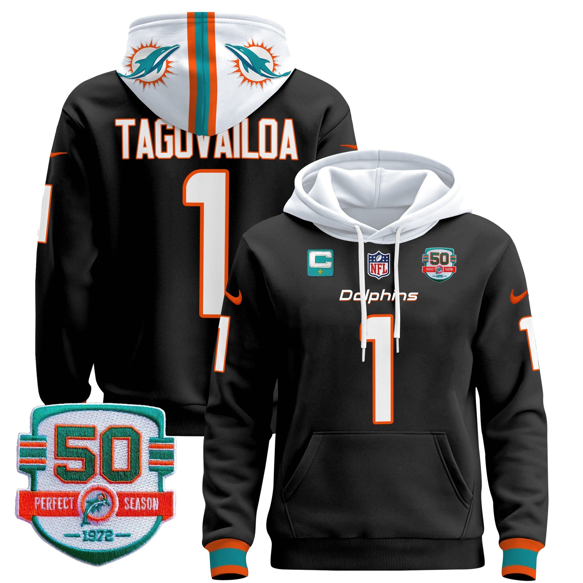 Men's Dolphins 50th 1972 Perfect Season Patch Pullover Hoodie - All Stitched