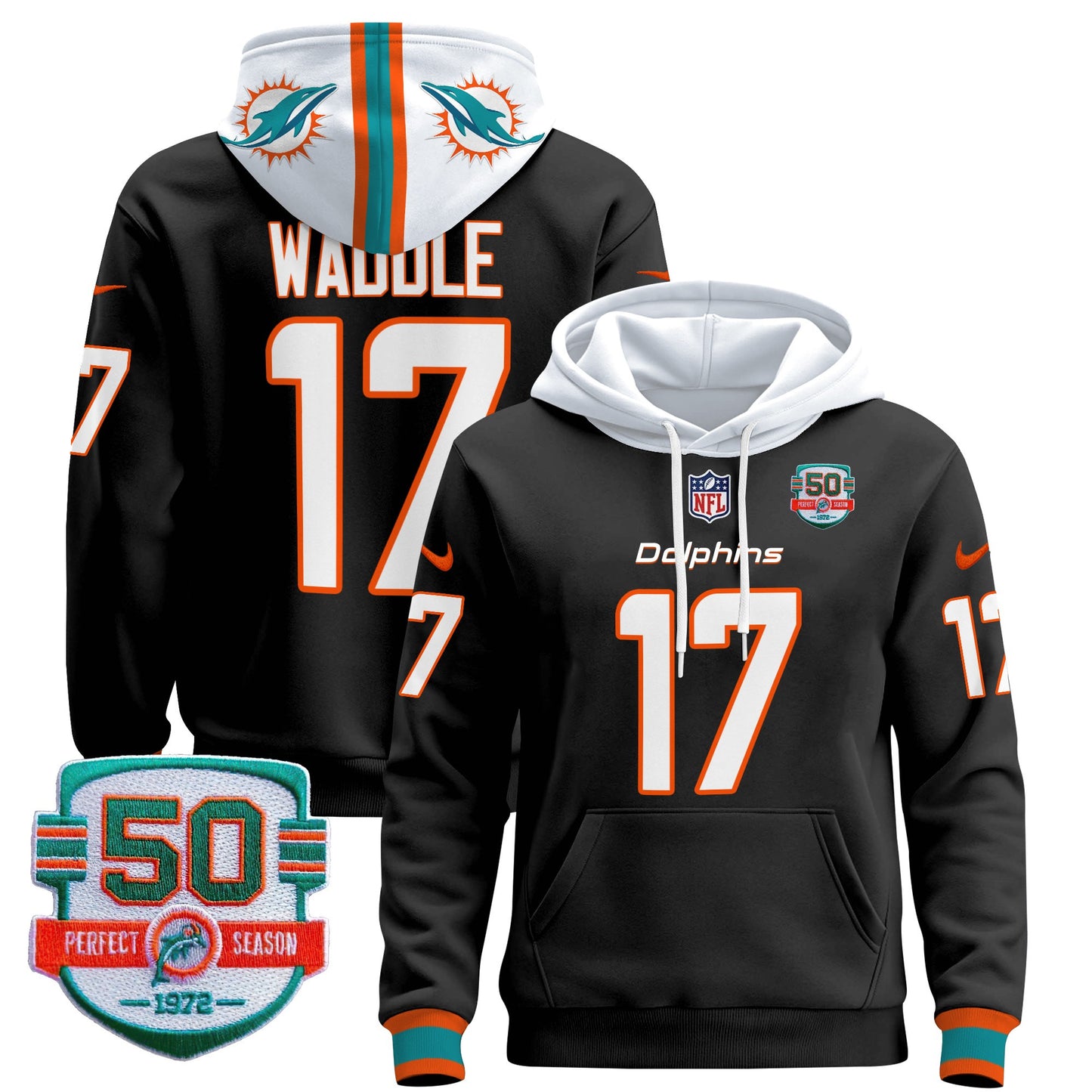 Men's Dolphins 50th 1972 Perfect Season Patch Pullover Hoodie - All Stitched