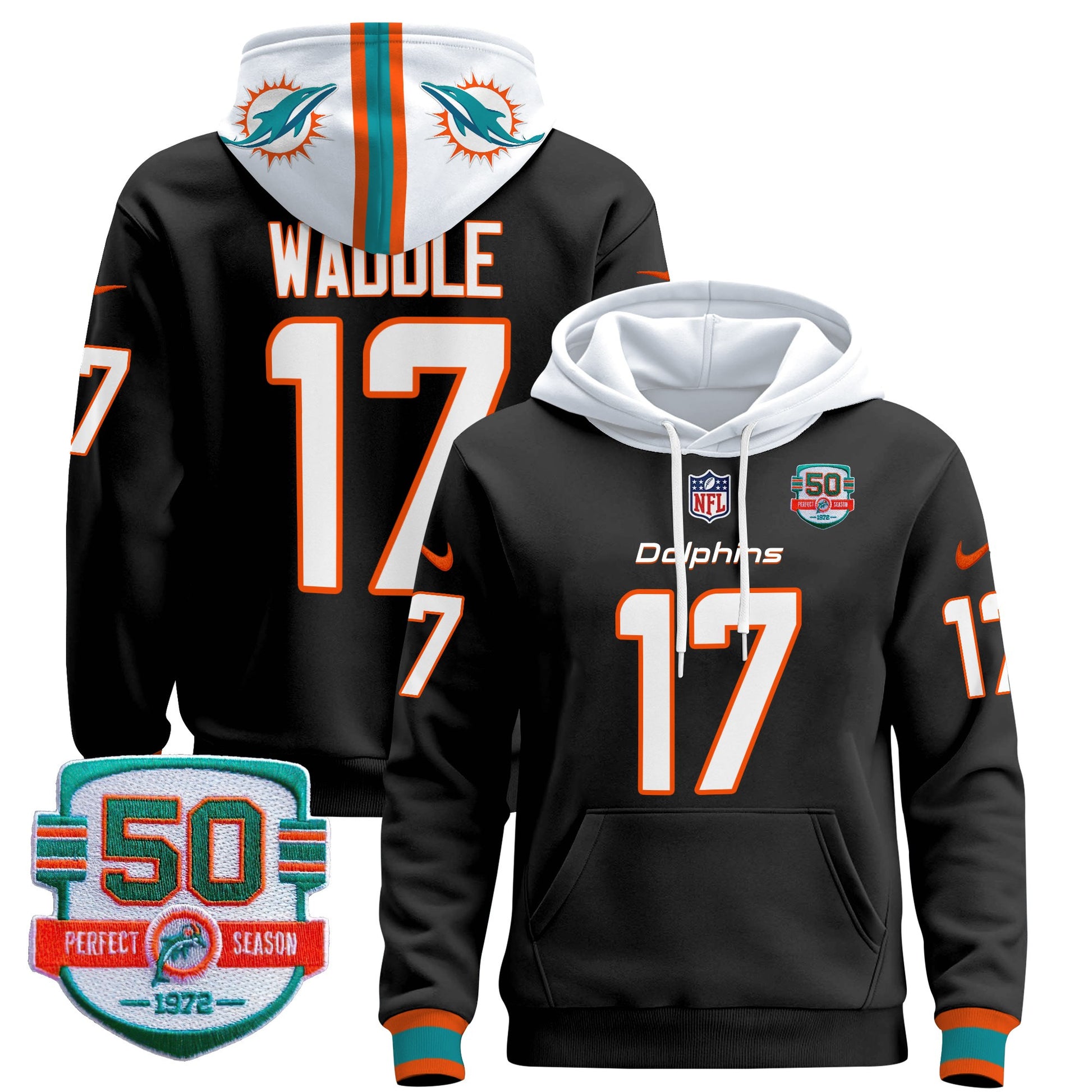 Men's Dolphins 50th 1972 Perfect Season Patch Pullover Hoodie - All Stitched