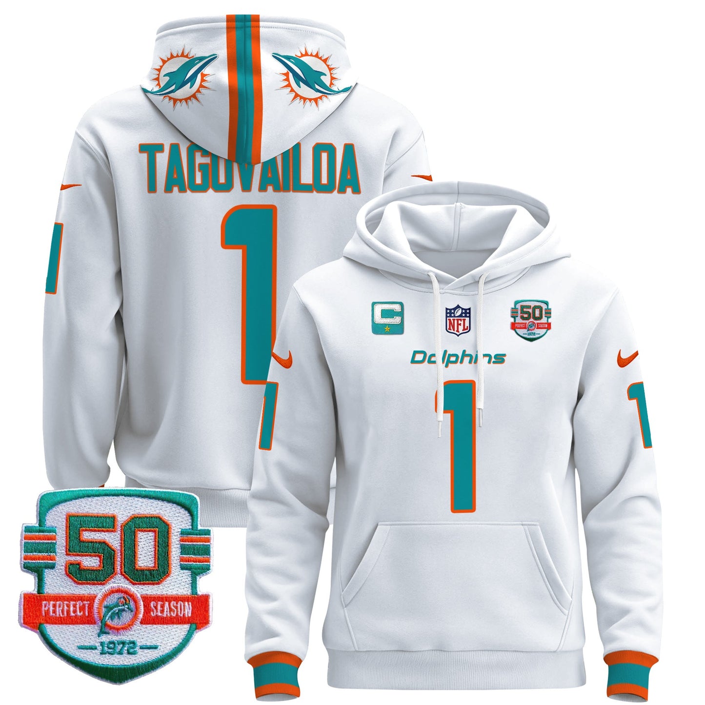 Men's Dolphins 50th 1972 Perfect Season Patch Pullover Hoodie - All Stitched