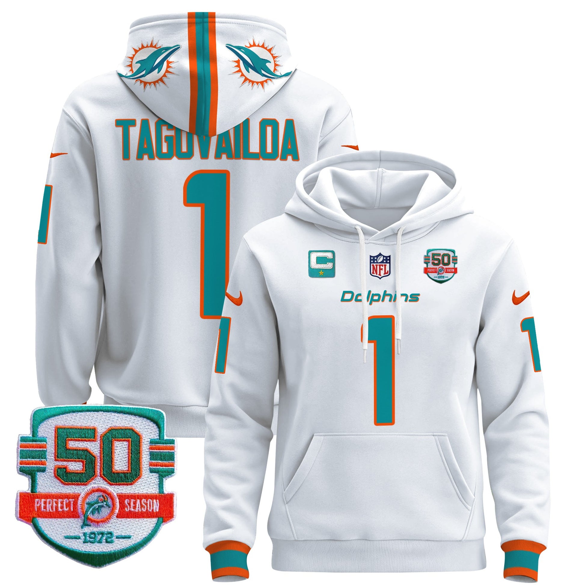 Men's Dolphins 50th 1972 Perfect Season Patch Pullover Hoodie - All Stitched