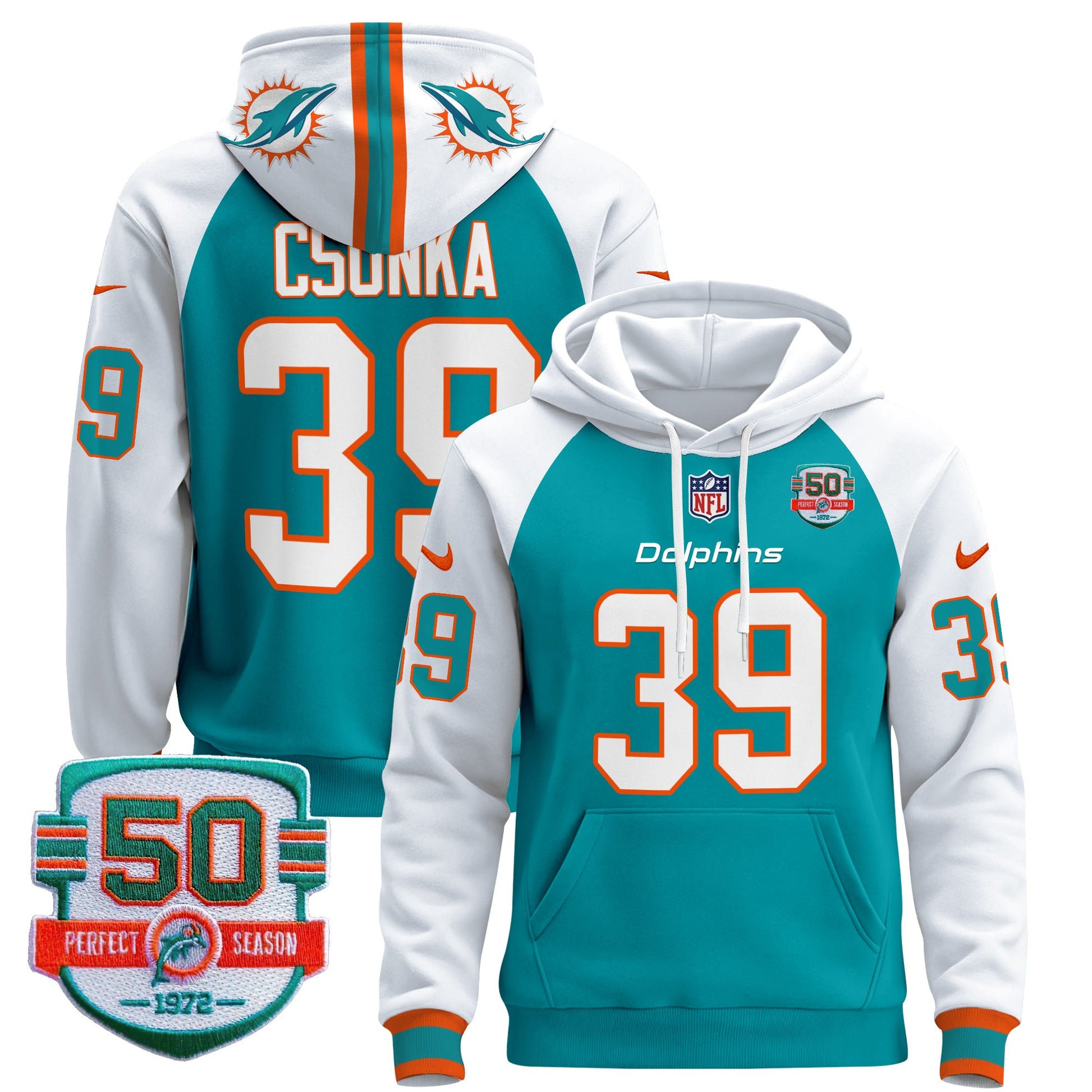 Men's Dolphins 50th 1972 Perfect Season Patch Pullover Hoodie - All Stitched