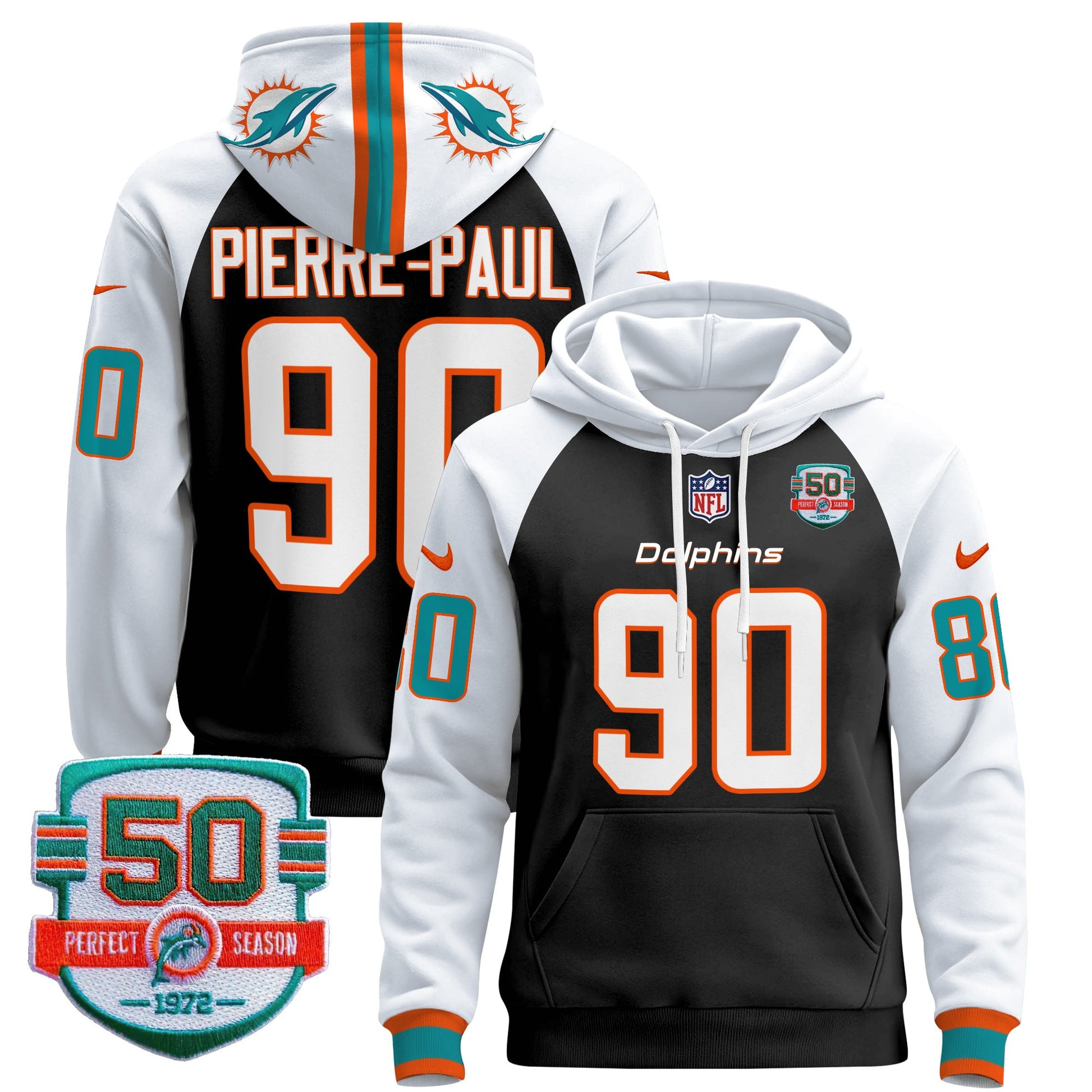 Men's Dolphins 50th 1972 Perfect Season Patch Pullover Hoodie - All Stitched