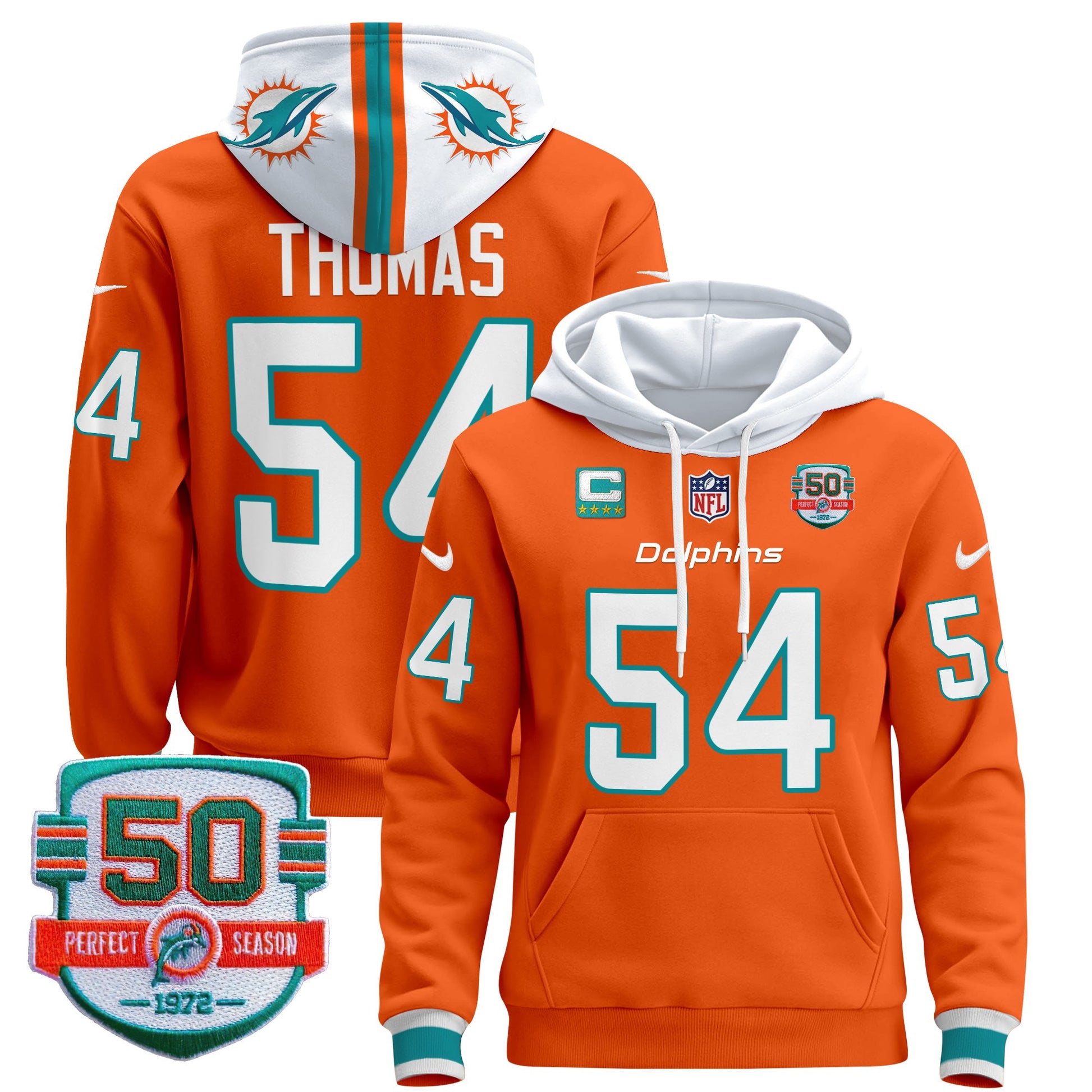 Men's Dolphins 50th 1972 Perfect Season Patch Pullover Hoodie - All Stitched