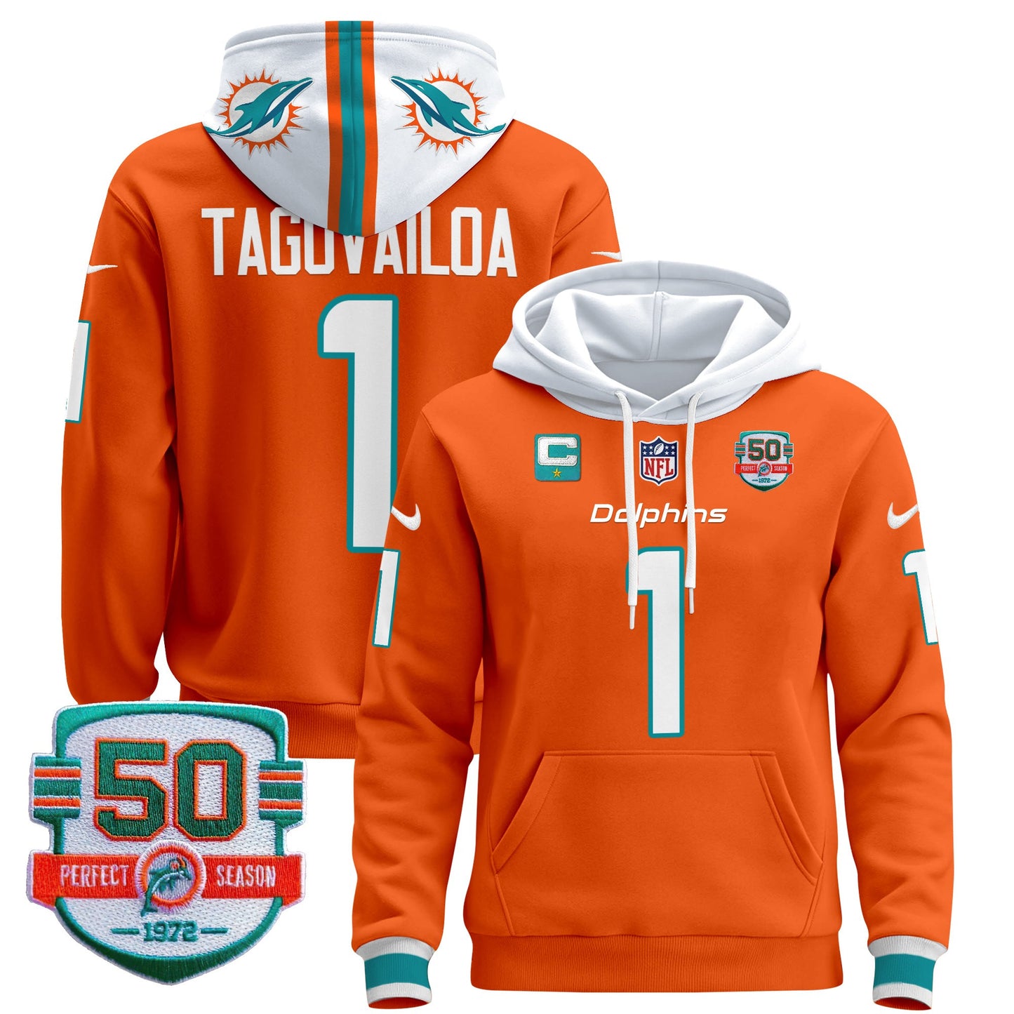 Men's Dolphins 50th 1972 Perfect Season Patch Pullover Hoodie - All Stitched