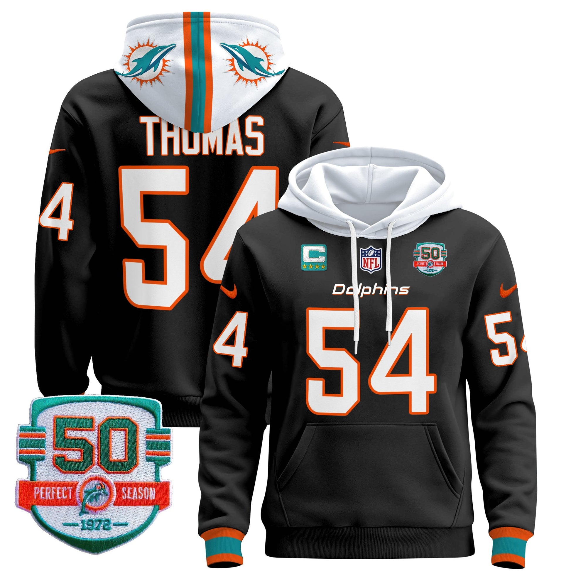 Men's Dolphins 50th 1972 Perfect Season Patch Pullover Hoodie - All Stitched