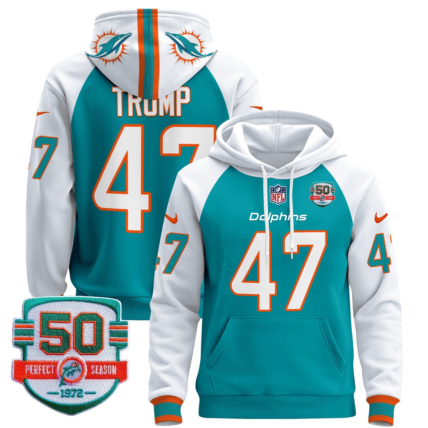 Men's Dolphins 50th 1972 Perfect Season Patch Pullover Hoodie - All Stitched