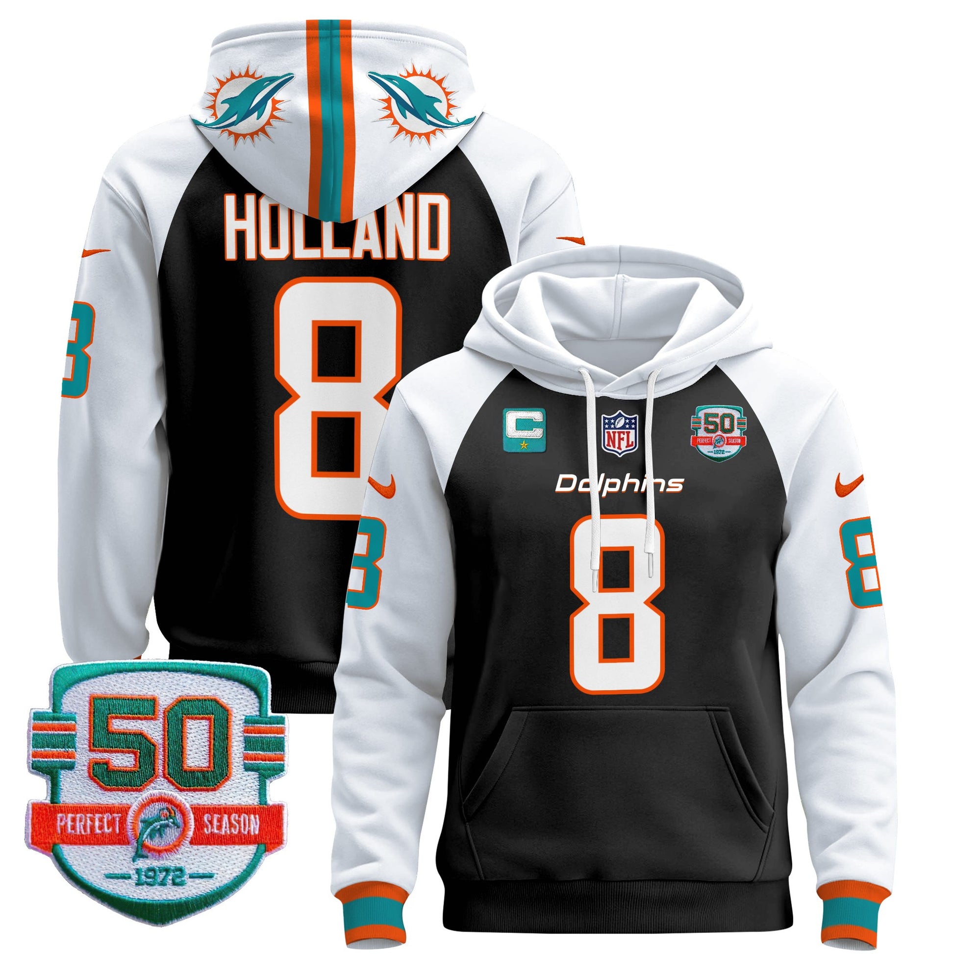 Men's Dolphins 50th 1972 Perfect Season Patch Pullover Hoodie - All Stitched