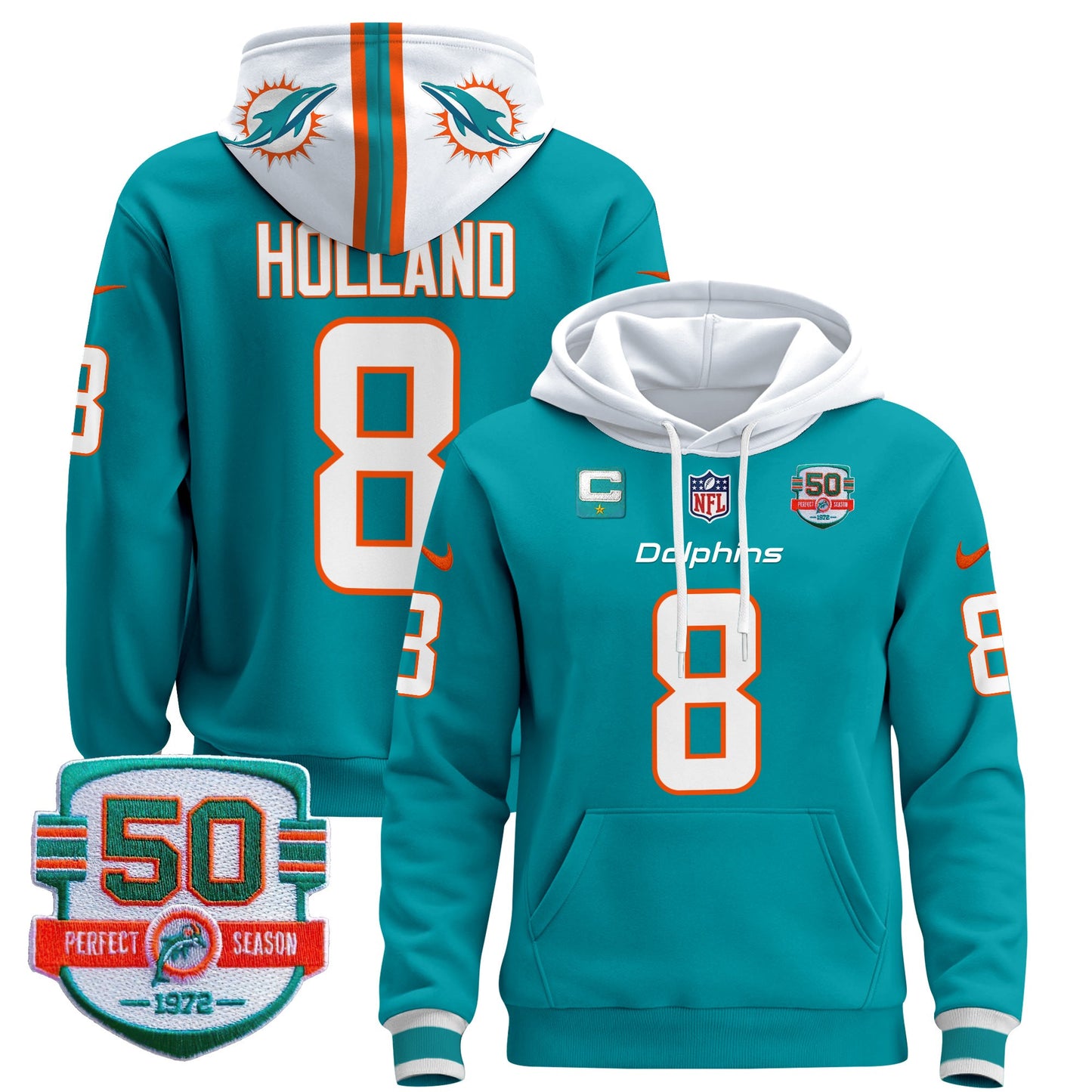 Men's Dolphins 50th 1972 Perfect Season Patch Pullover Hoodie - All Stitched
