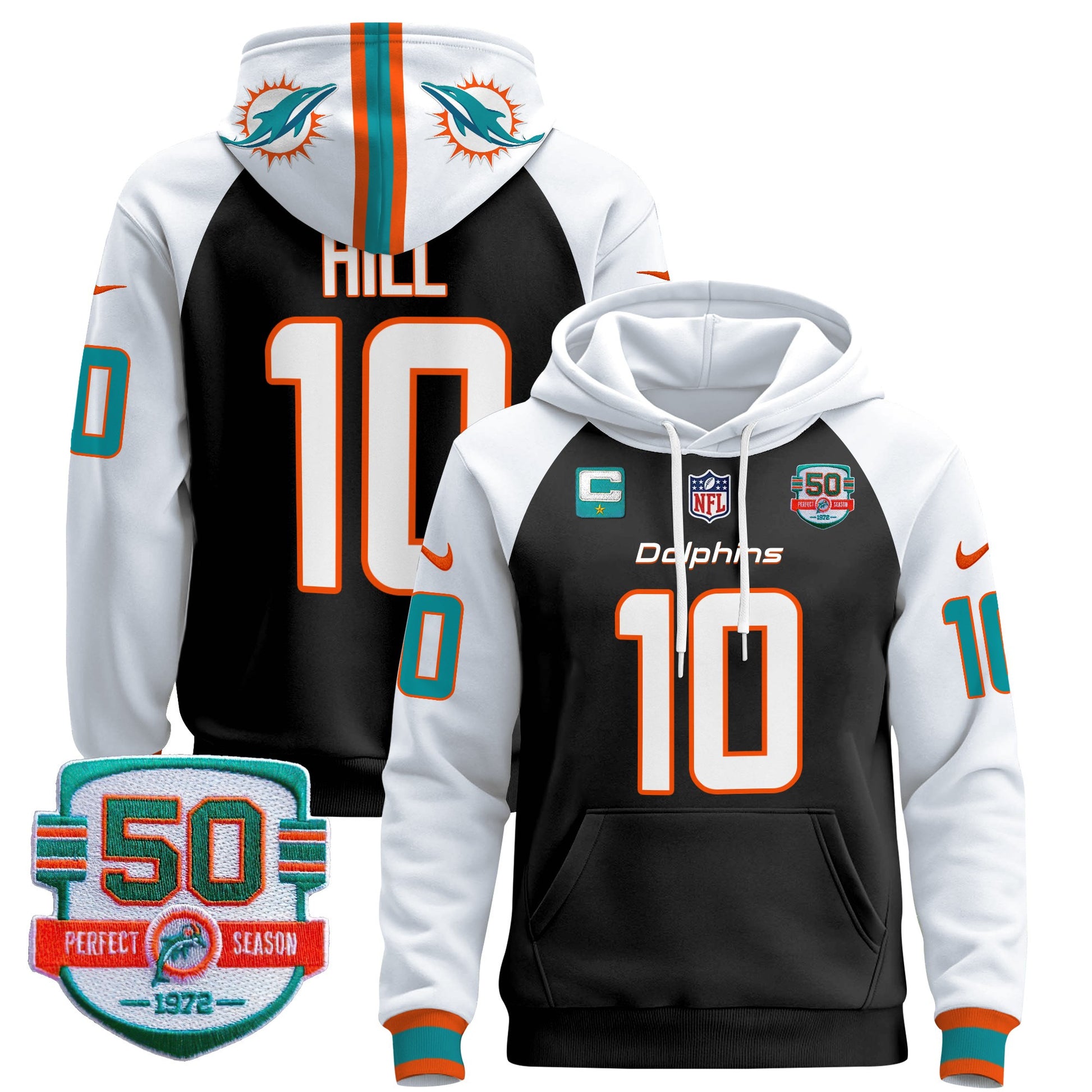 Men's Dolphins 50th 1972 Perfect Season Patch Pullover Hoodie - All Stitched