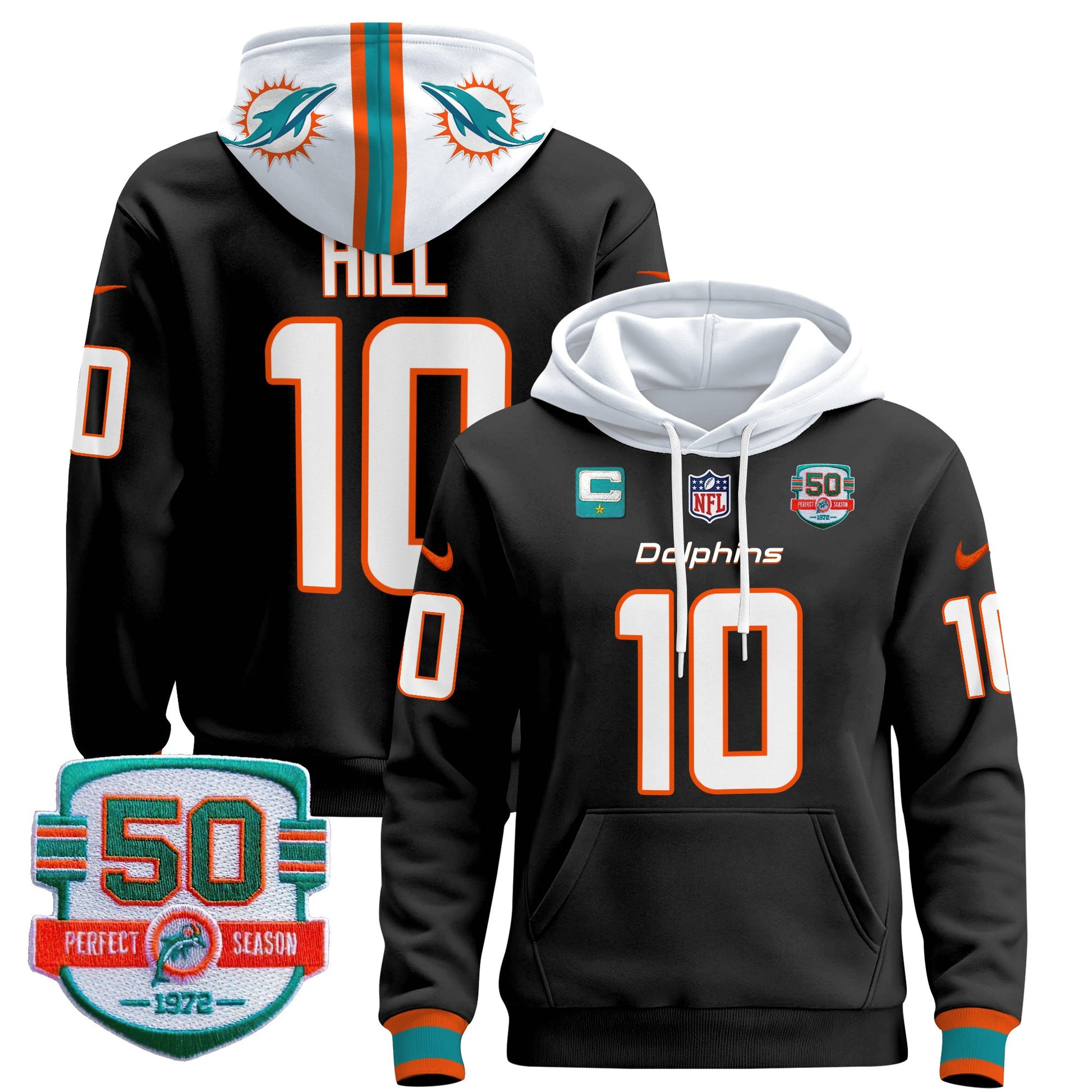 Men's Dolphins 50th 1972 Perfect Season Patch Pullover Hoodie - All Stitched