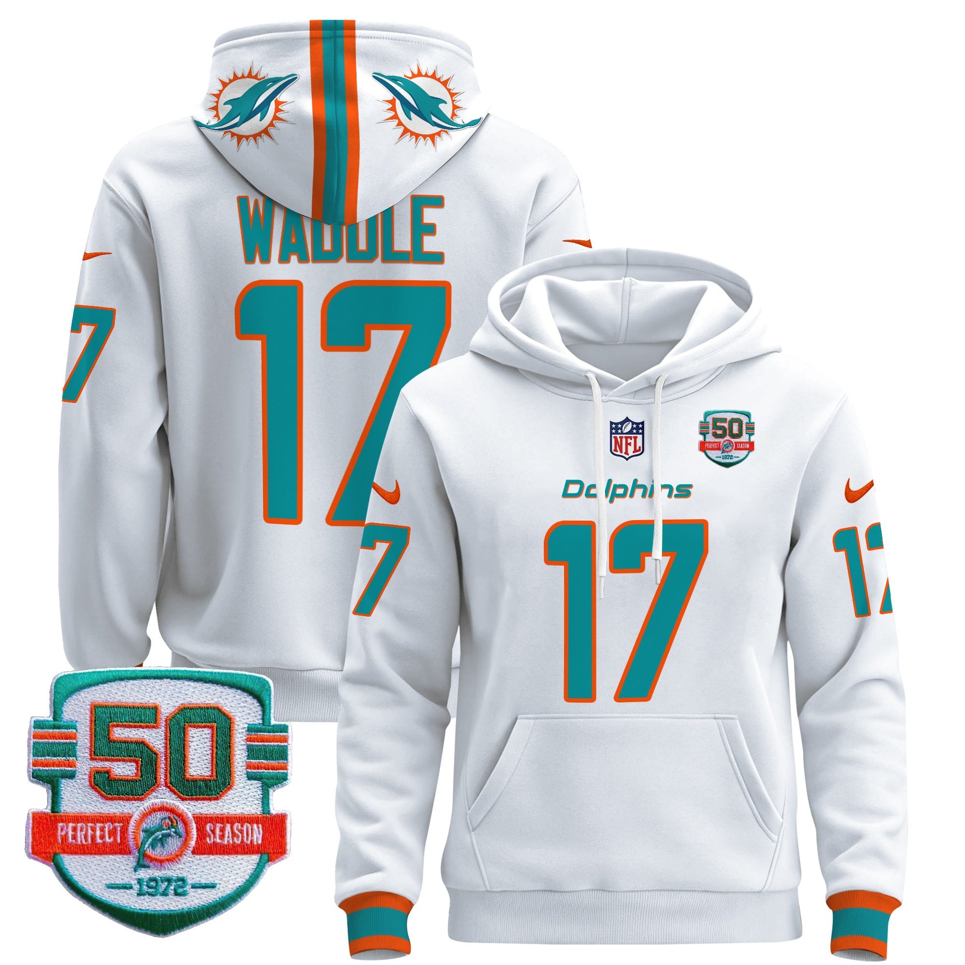 Men's Dolphins 50th 1972 Perfect Season Patch Pullover Hoodie - All Stitched