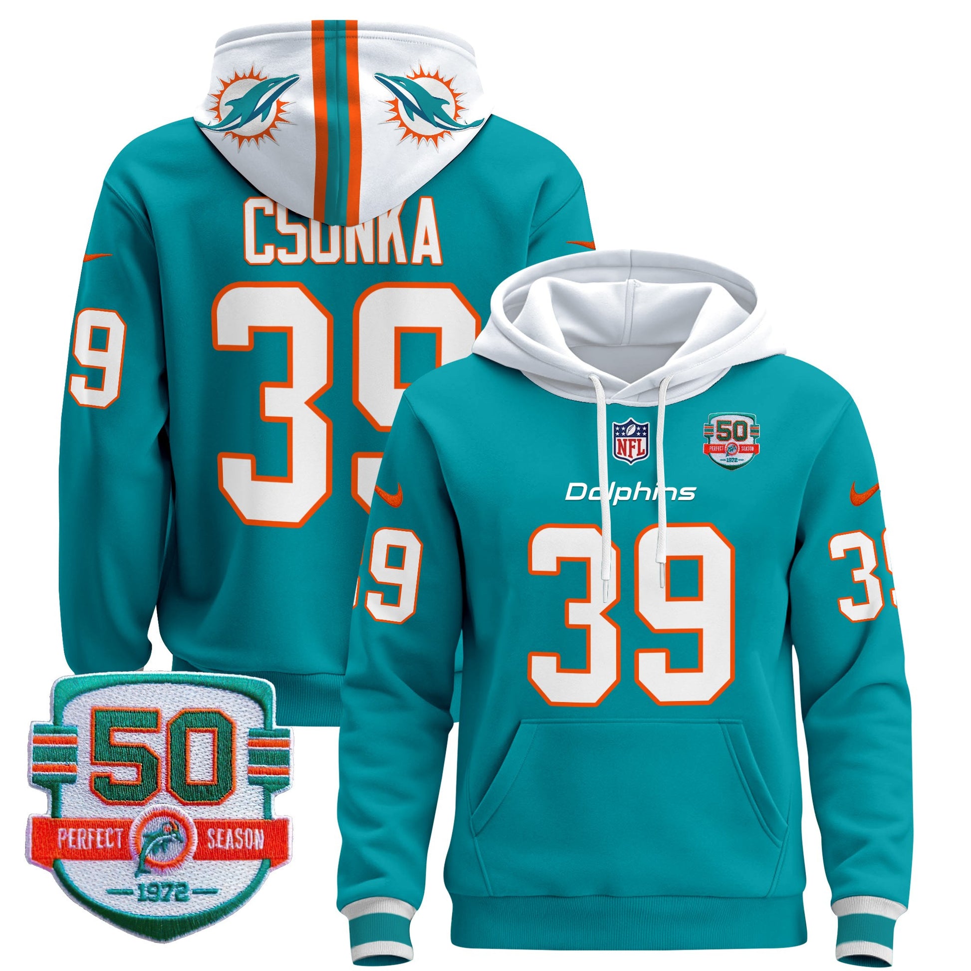 Men's Dolphins 50th 1972 Perfect Season Patch Pullover Hoodie - All Stitched