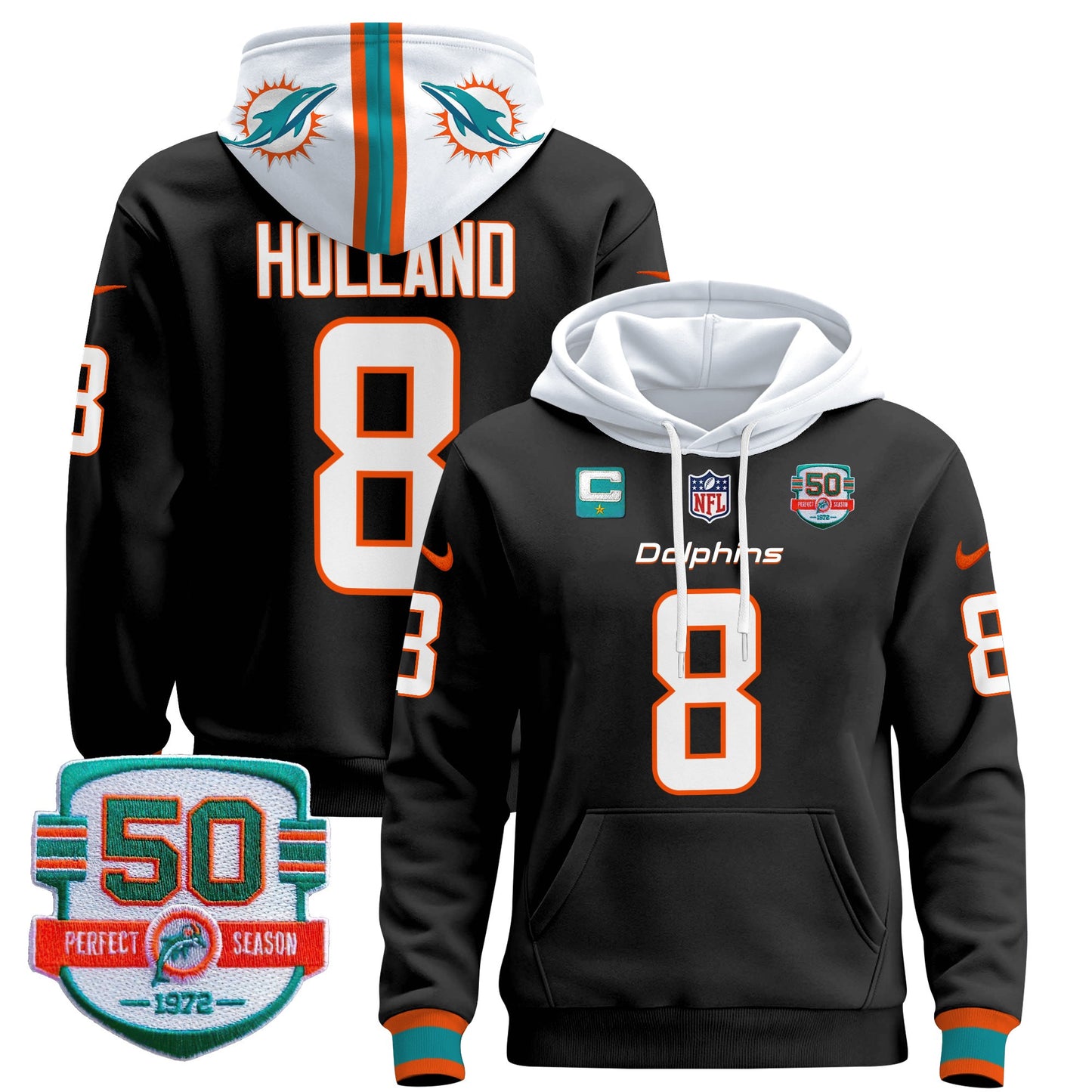 Men's Dolphins 50th 1972 Perfect Season Patch Pullover Hoodie - All Stitched