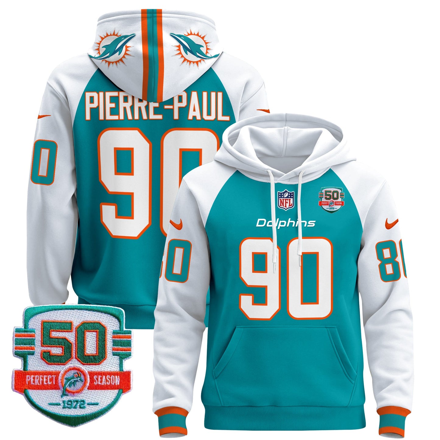 Men's Dolphins 50th 1972 Perfect Season Patch Pullover Hoodie - All Stitched