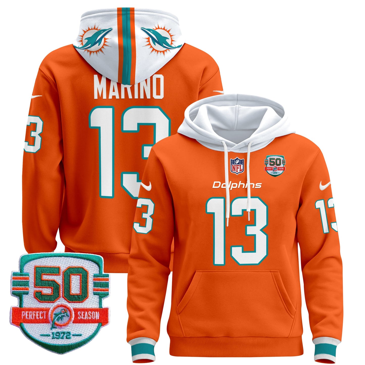 Men's Dolphins 50th 1972 Perfect Season Patch Pullover Hoodie - All Stitched