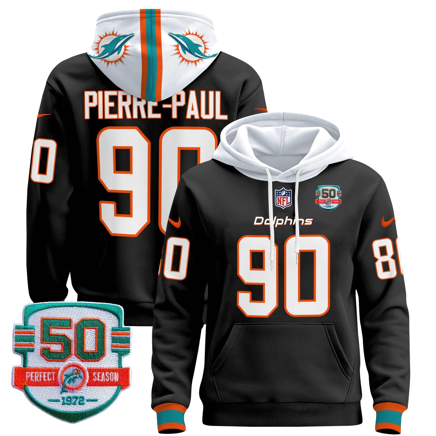 Men's Dolphins 50th 1972 Perfect Season Patch Pullover Hoodie - All Stitched