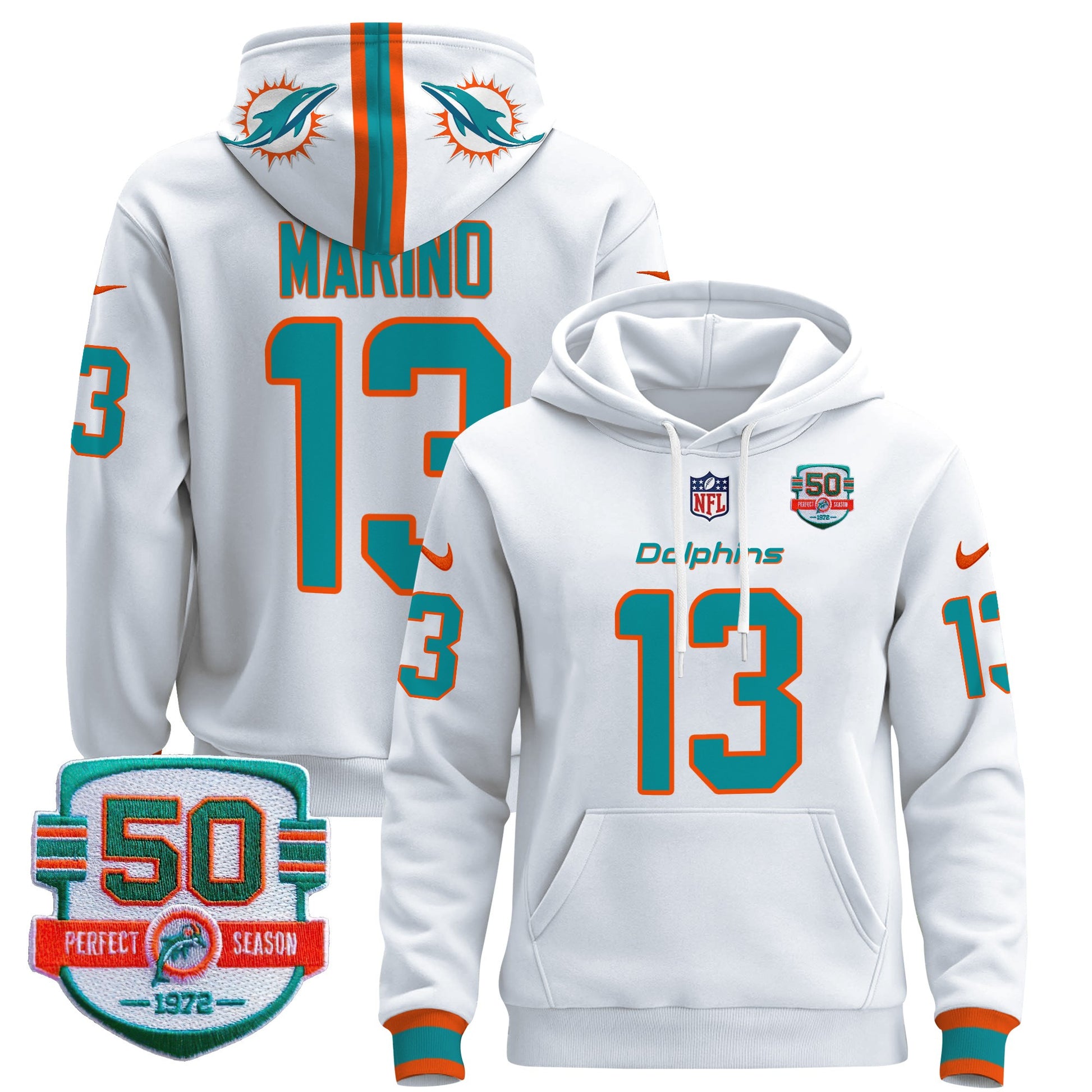 Men's Dolphins 50th 1972 Perfect Season Patch Pullover Hoodie - All Stitched
