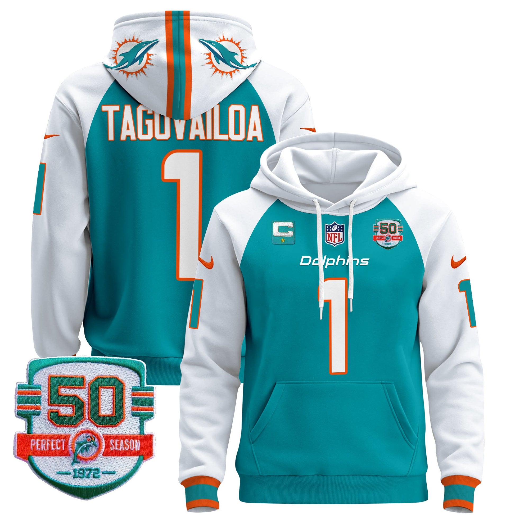 Men's Dolphins 50th 1972 Perfect Season Patch Pullover Hoodie - All Stitched