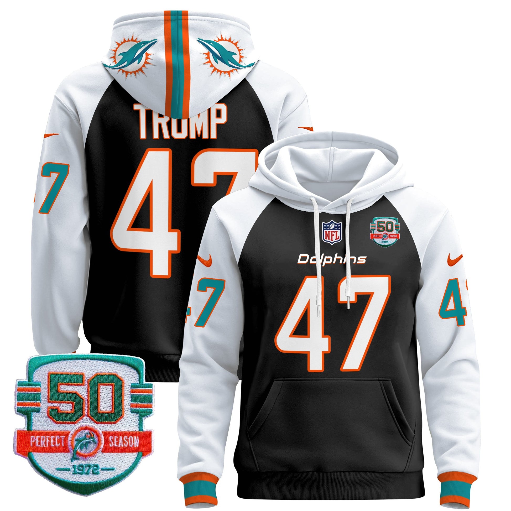 Men's Dolphins 50th 1972 Perfect Season Patch Pullover Hoodie - All Stitched