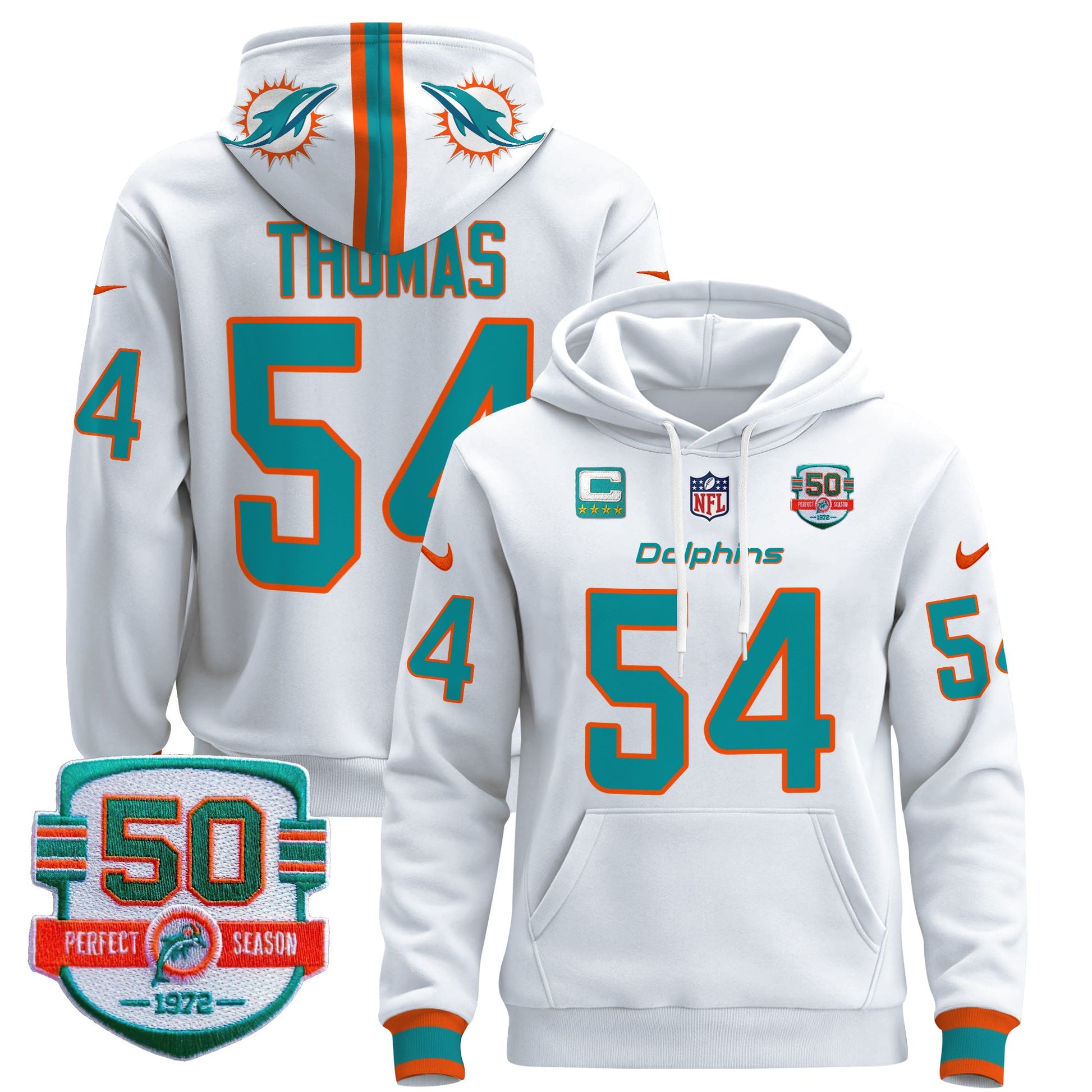 Men's Dolphins 50th 1972 Perfect Season Patch Pullover Hoodie - All Stitched
