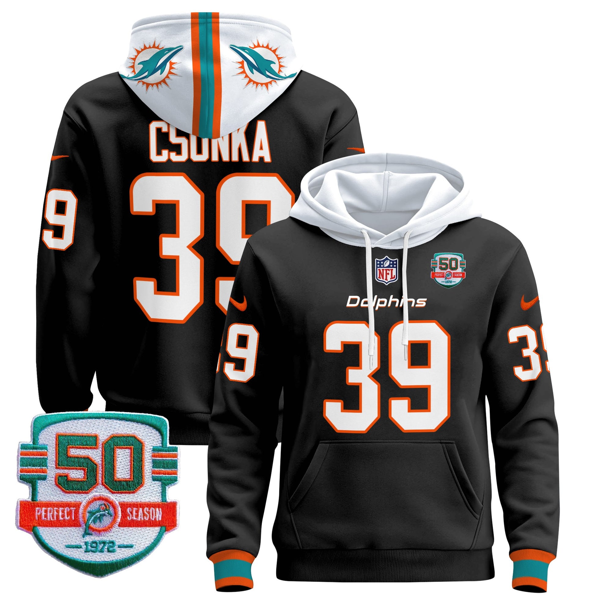 Men's Dolphins 50th 1972 Perfect Season Patch Pullover Hoodie - All Stitched