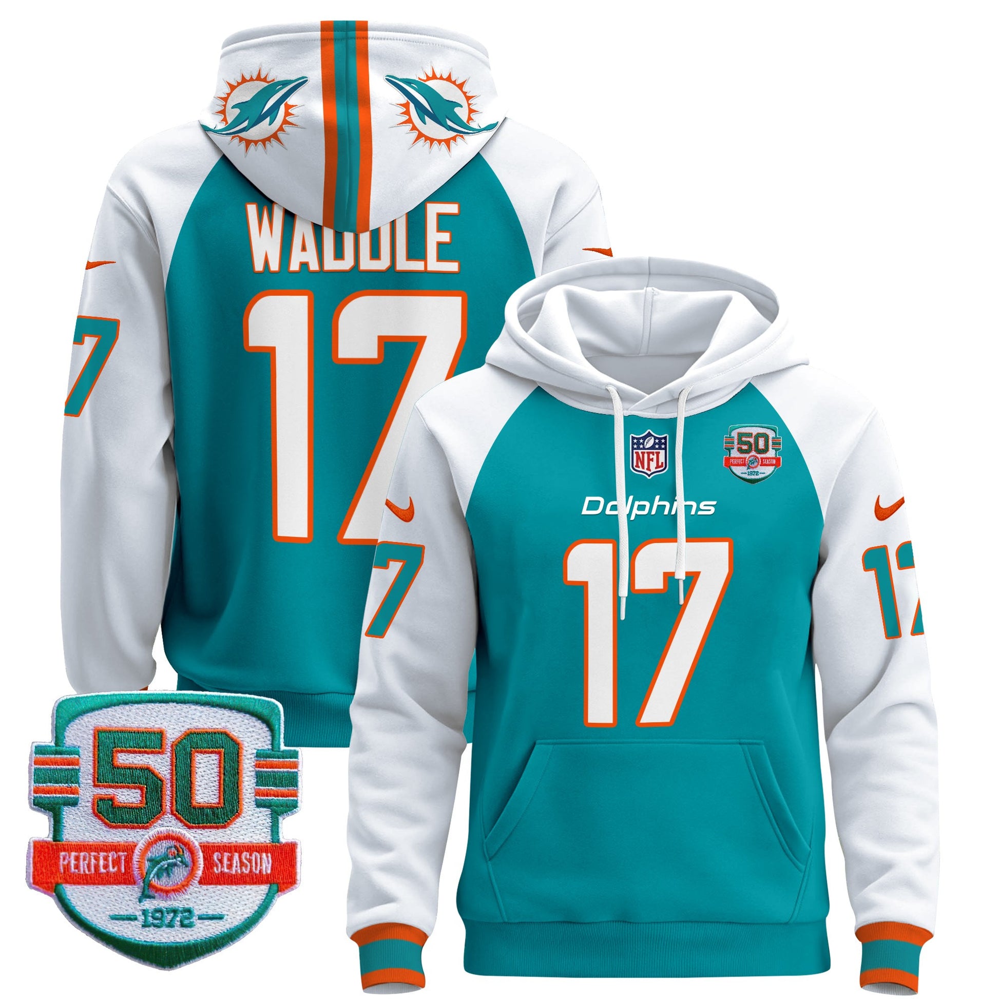 Men's Dolphins 50th 1972 Perfect Season Patch Pullover Hoodie - All Stitched