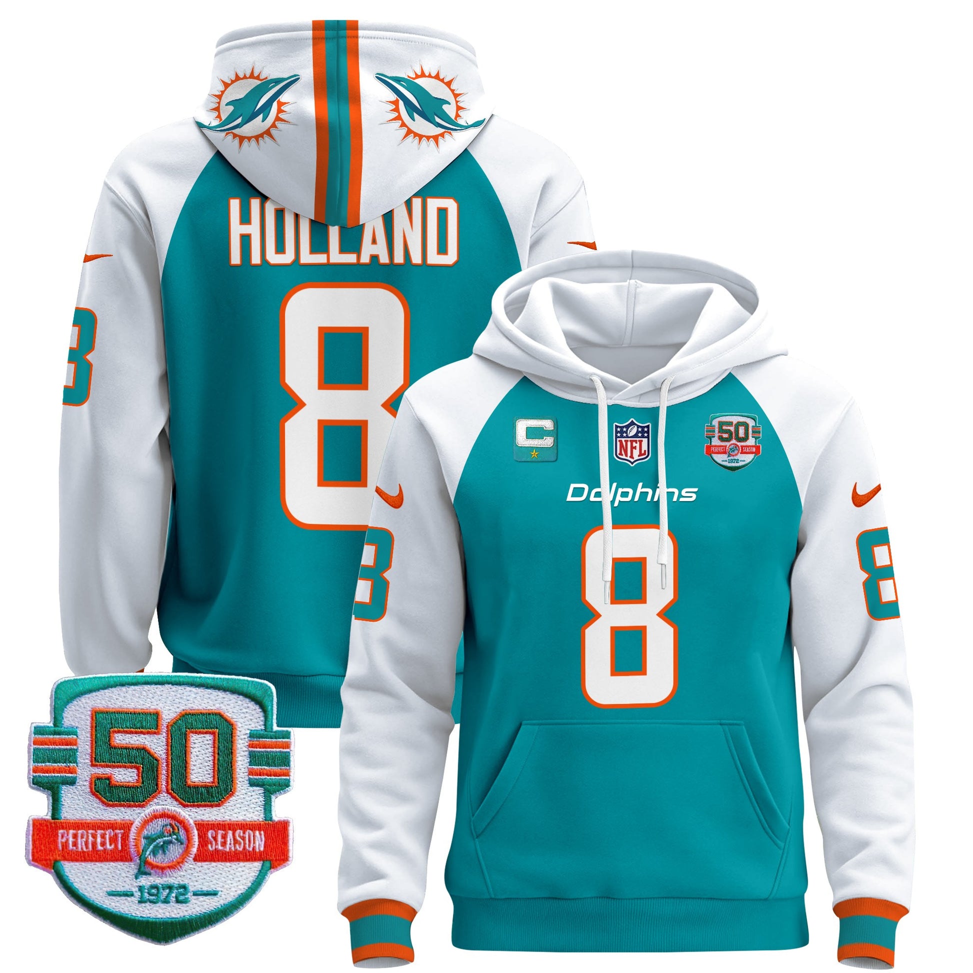 Men's Dolphins 50th 1972 Perfect Season Patch Pullover Hoodie - All Stitched