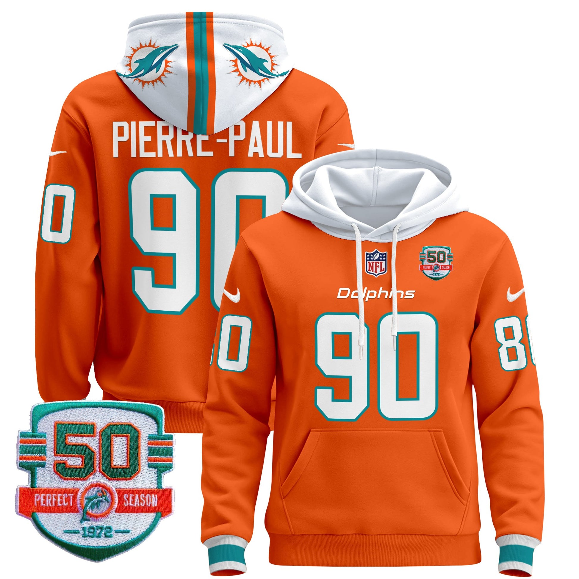 Men's Dolphins 50th 1972 Perfect Season Patch Pullover Hoodie - All Stitched