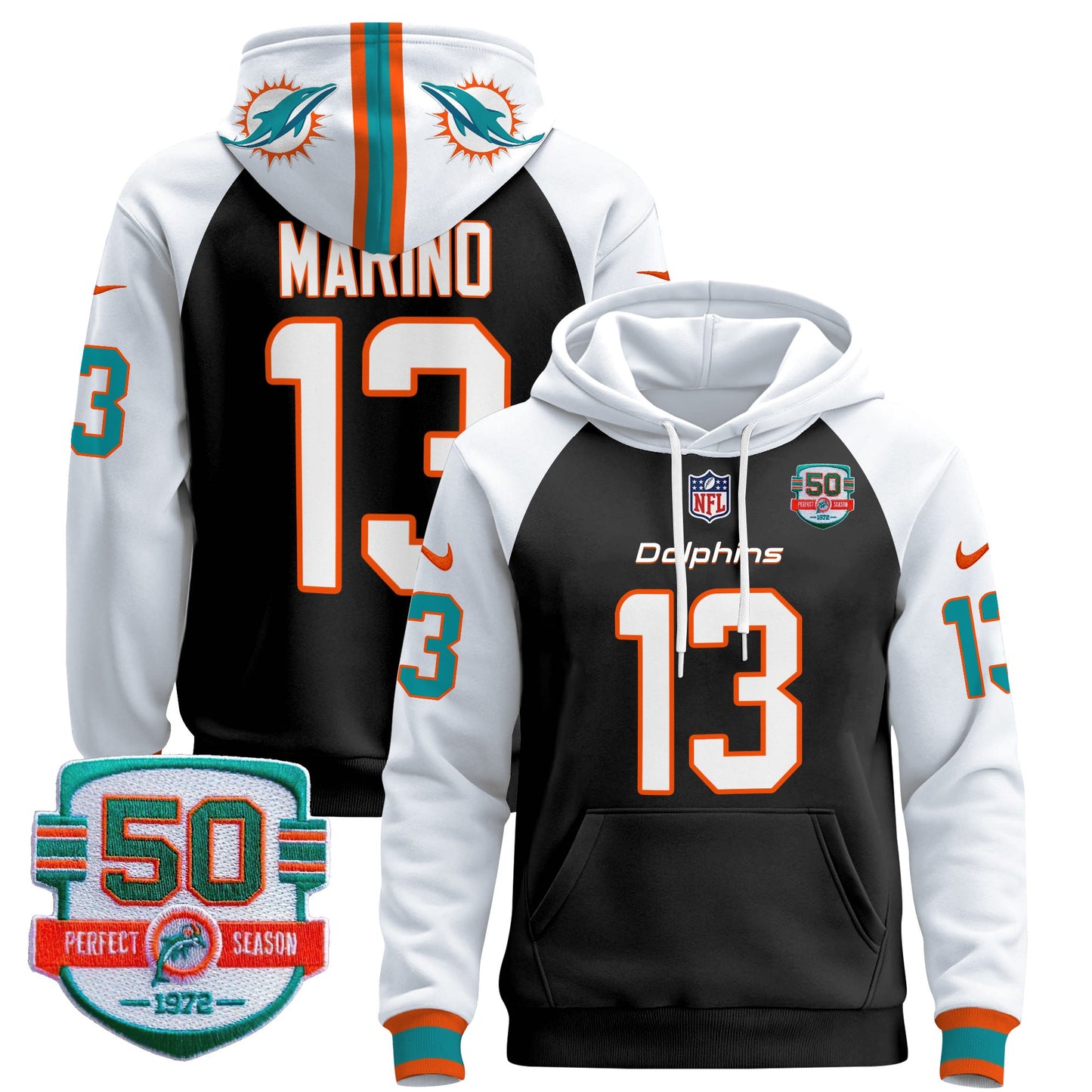 Men's Dolphins 50th 1972 Perfect Season Patch Pullover Hoodie - All Stitched