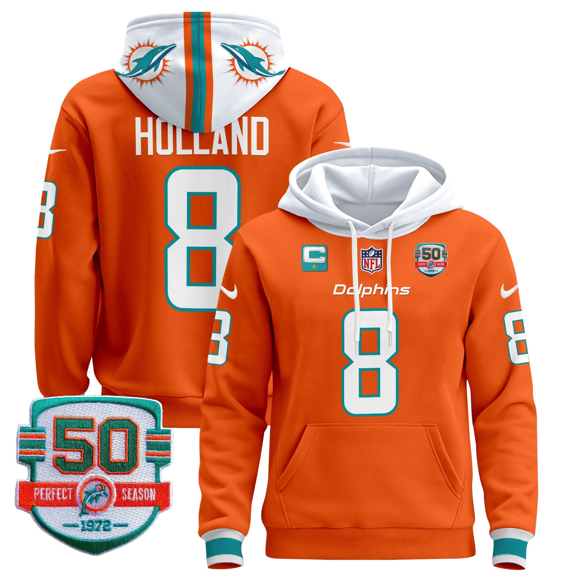 Men's Dolphins 50th 1972 Perfect Season Patch Pullover Hoodie - All Stitched