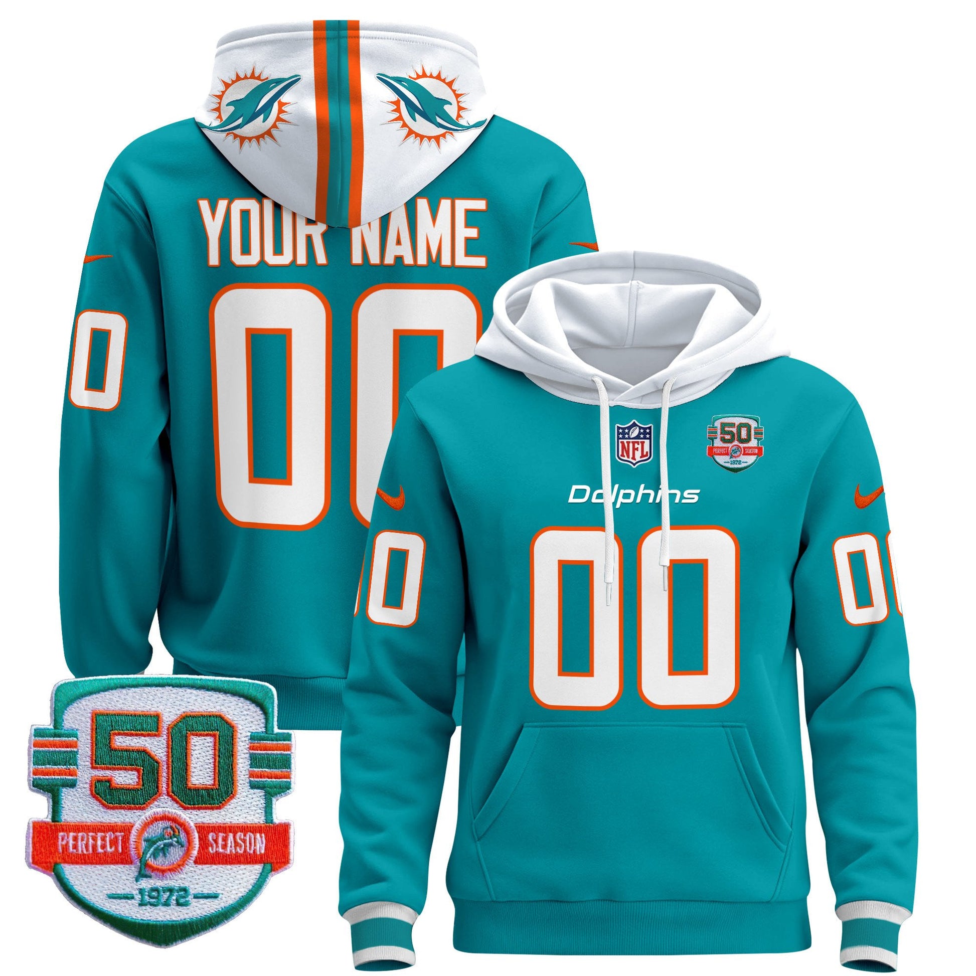 Dolphins 50th 1972 Perfect Season Patch Custom Pullover Hoodie - All Stitched