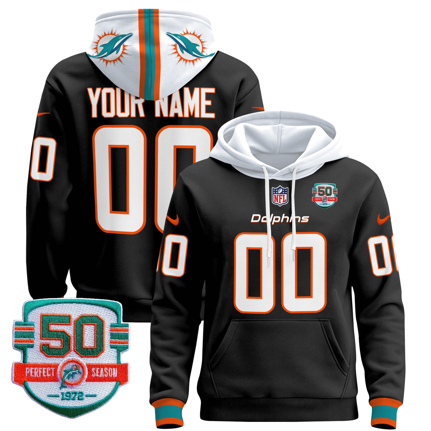 Dolphins 50th 1972 Perfect Season Patch Custom Pullover Hoodie - All Stitched