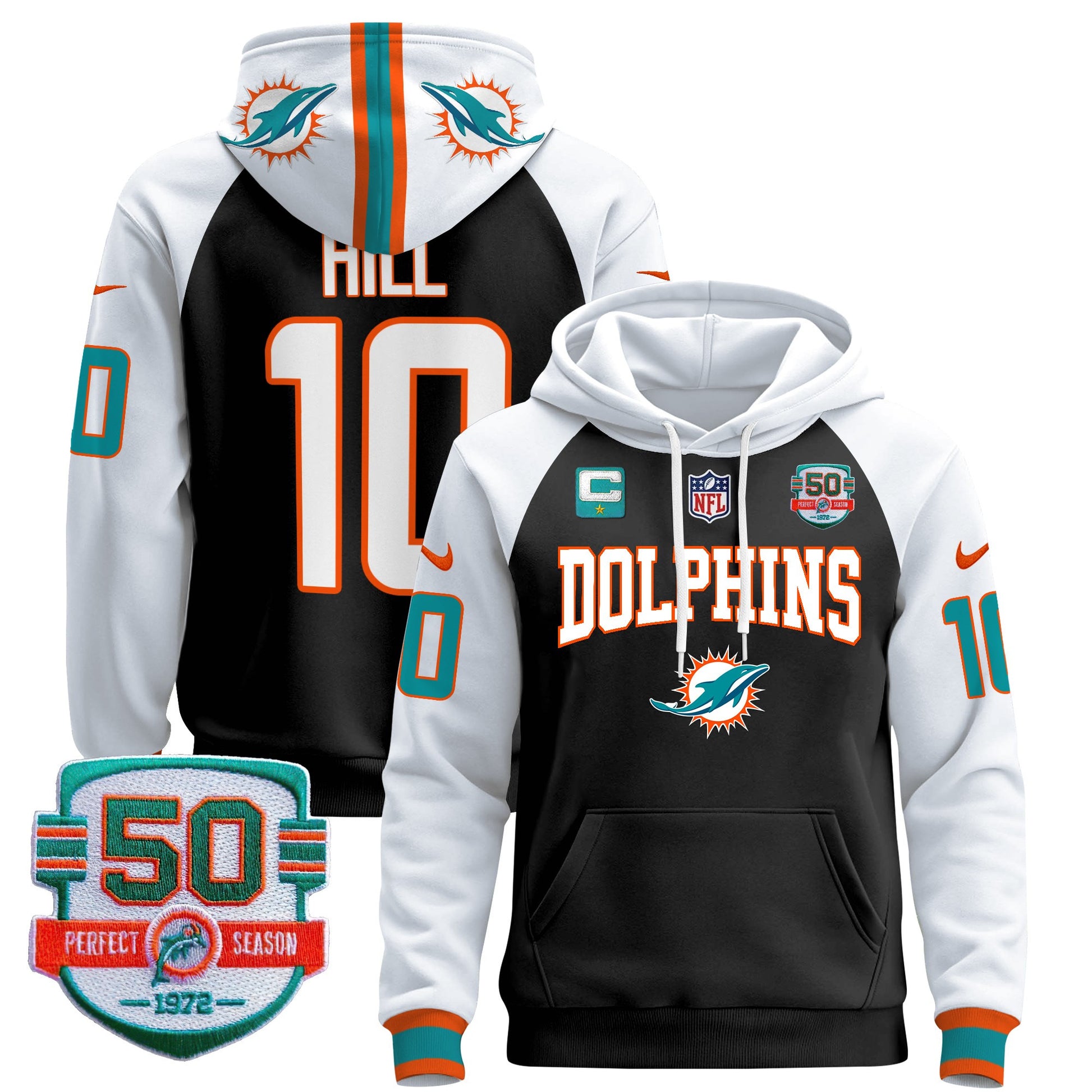 Men's Dolphins 50th 1972 Perfect Season Patch Pullover Hoodie V2 - All Stitched