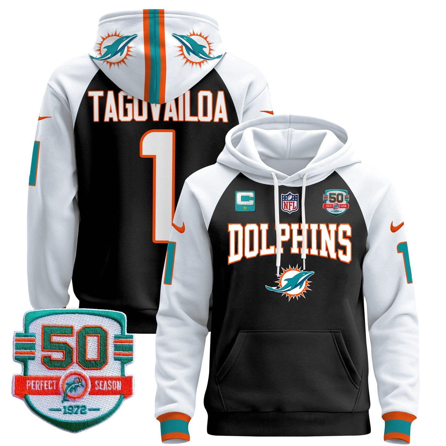Men's Dolphins 50th 1972 Perfect Season Patch Pullover Hoodie V2 - All Stitched