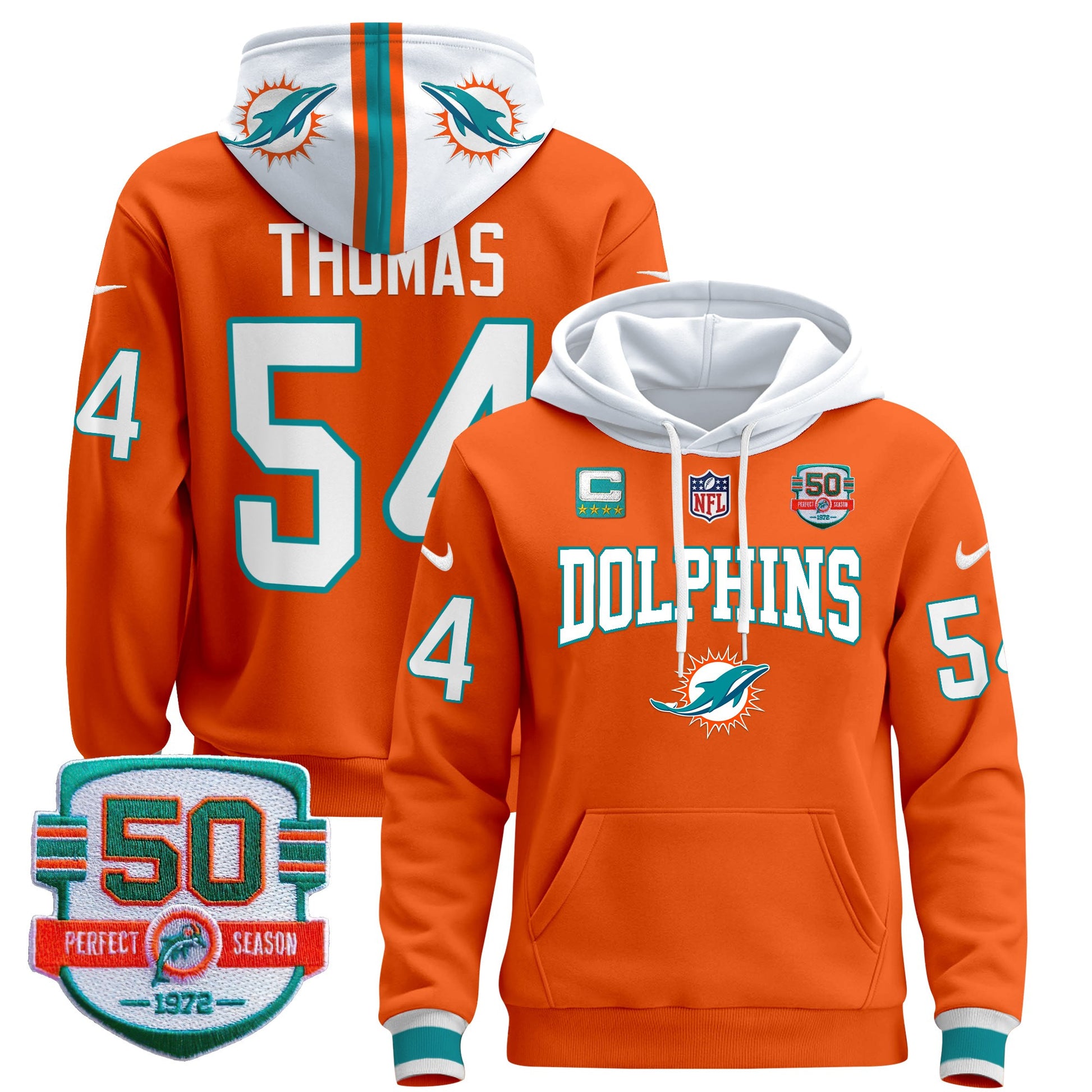 Men's Dolphins 50th 1972 Perfect Season Patch Pullover Hoodie V2 - All Stitched