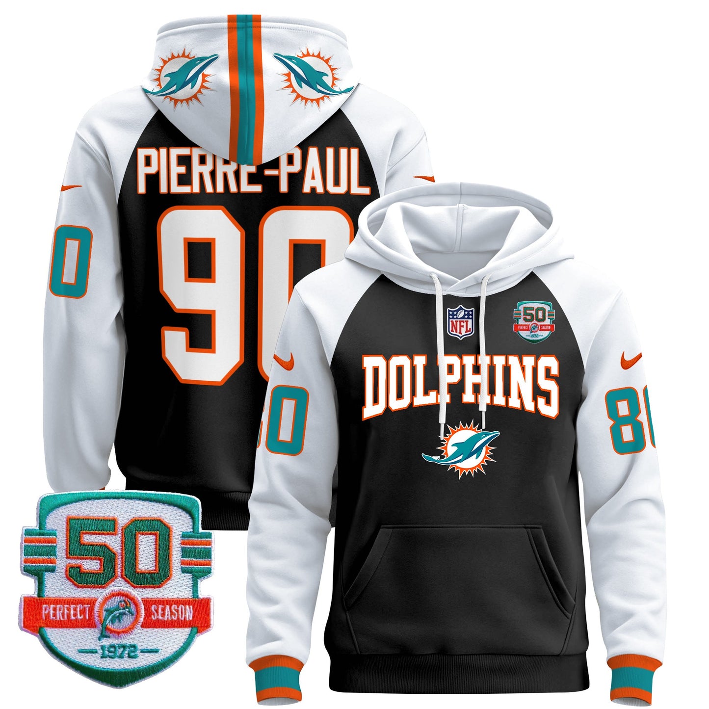 Men's Dolphins 50th 1972 Perfect Season Patch Pullover Hoodie V2 - All Stitched