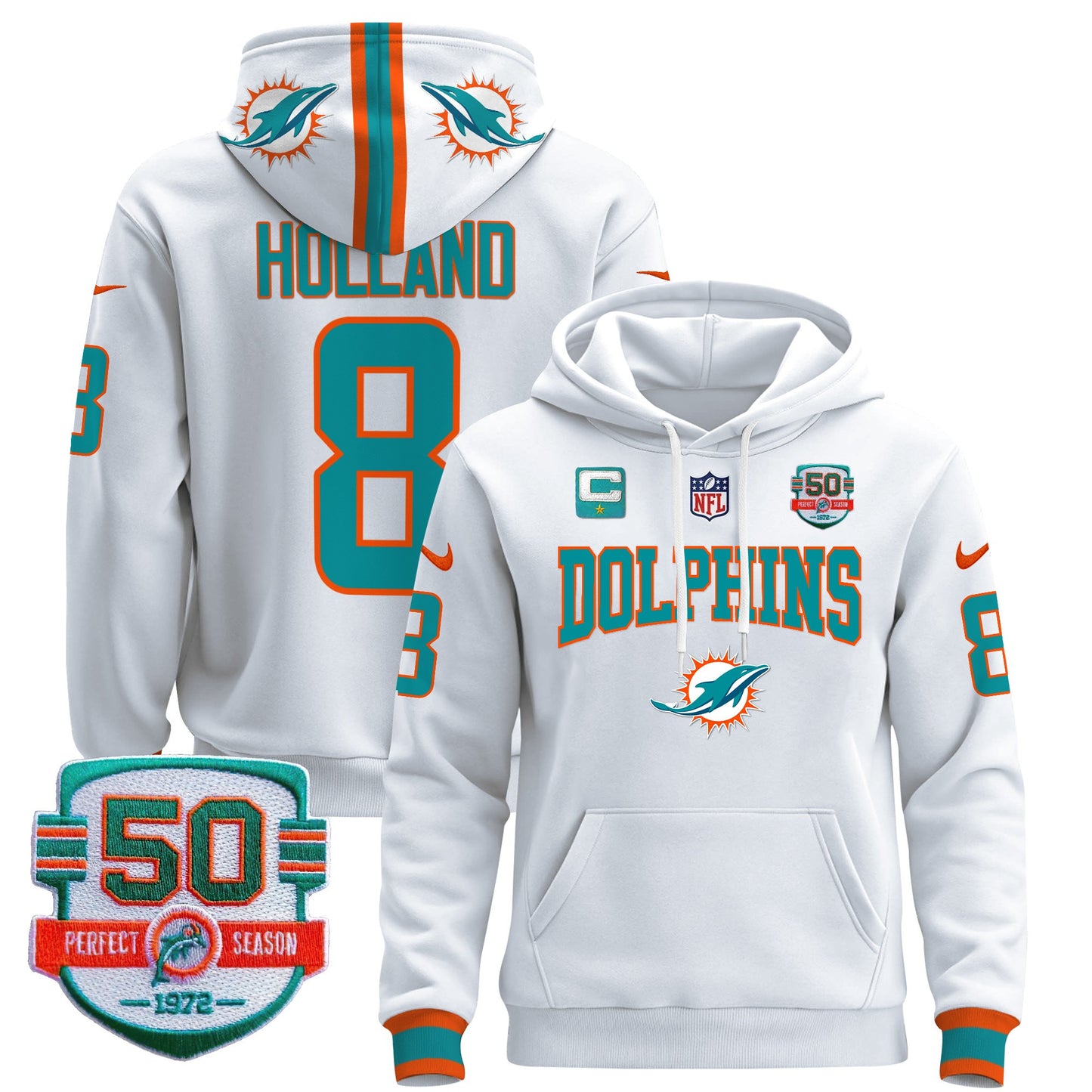 Men's Dolphins 50th 1972 Perfect Season Patch Pullover Hoodie V2 - All Stitched