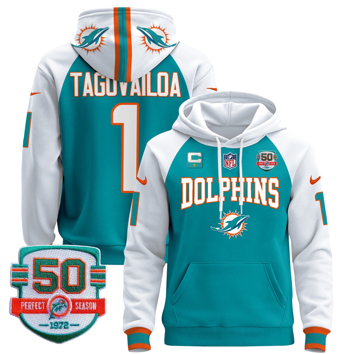 Men's Dolphins 50th 1972 Perfect Season Patch Pullover Hoodie V2 - All Stitched