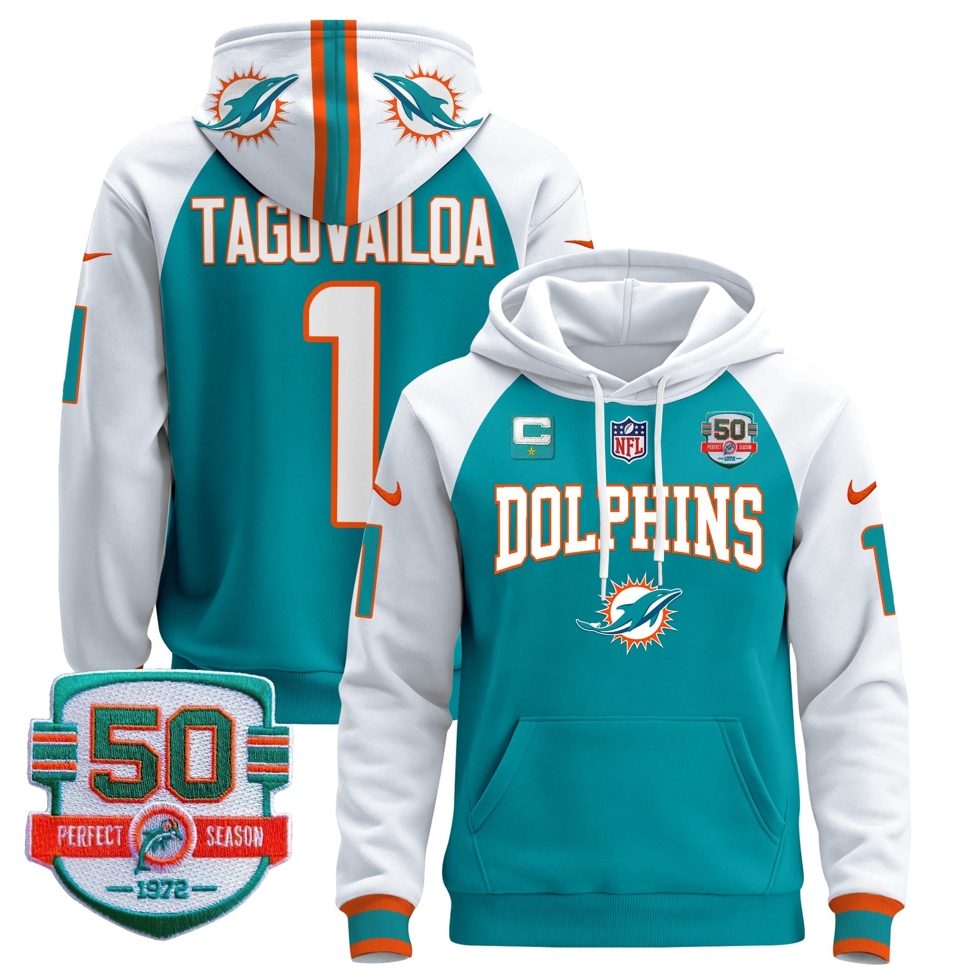 Men's Dolphins 50th 1972 Perfect Season Patch Pullover Hoodie V2 - All Stitched