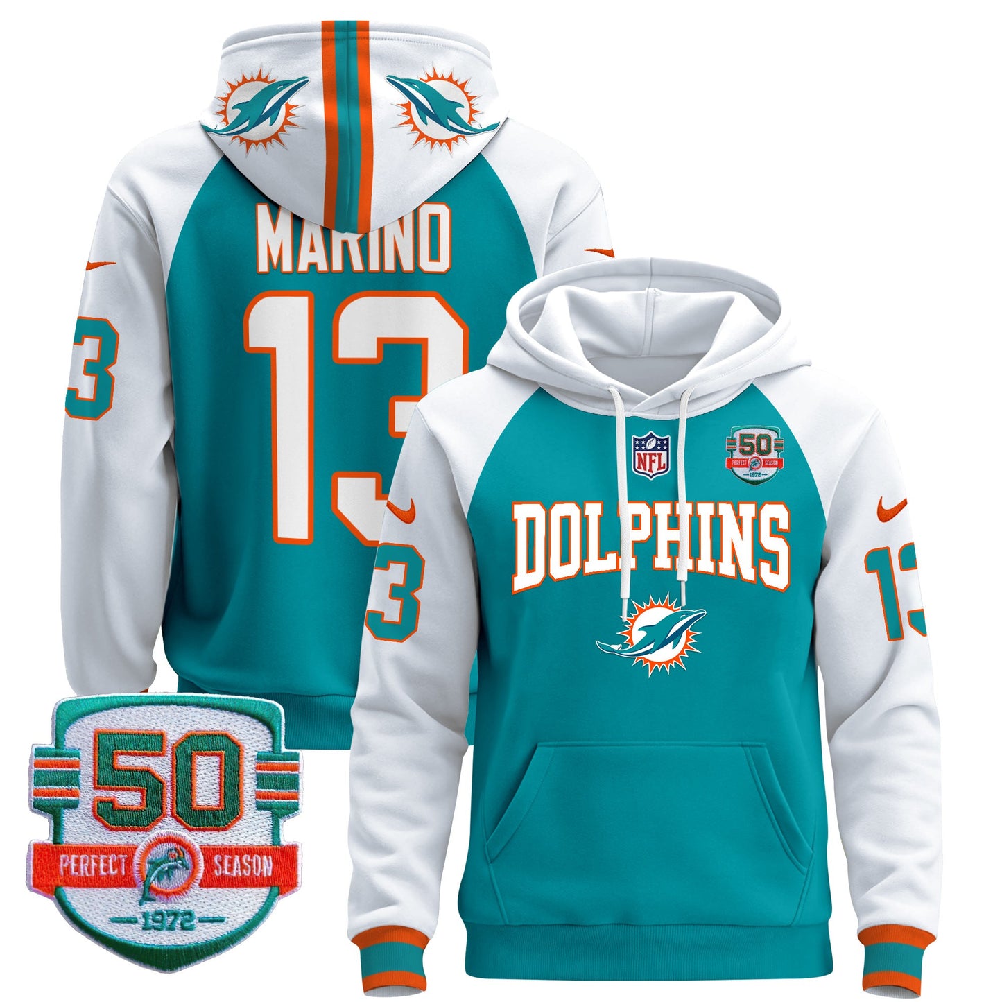 Men's Dolphins 50th 1972 Perfect Season Patch Pullover Hoodie V2 - All Stitched