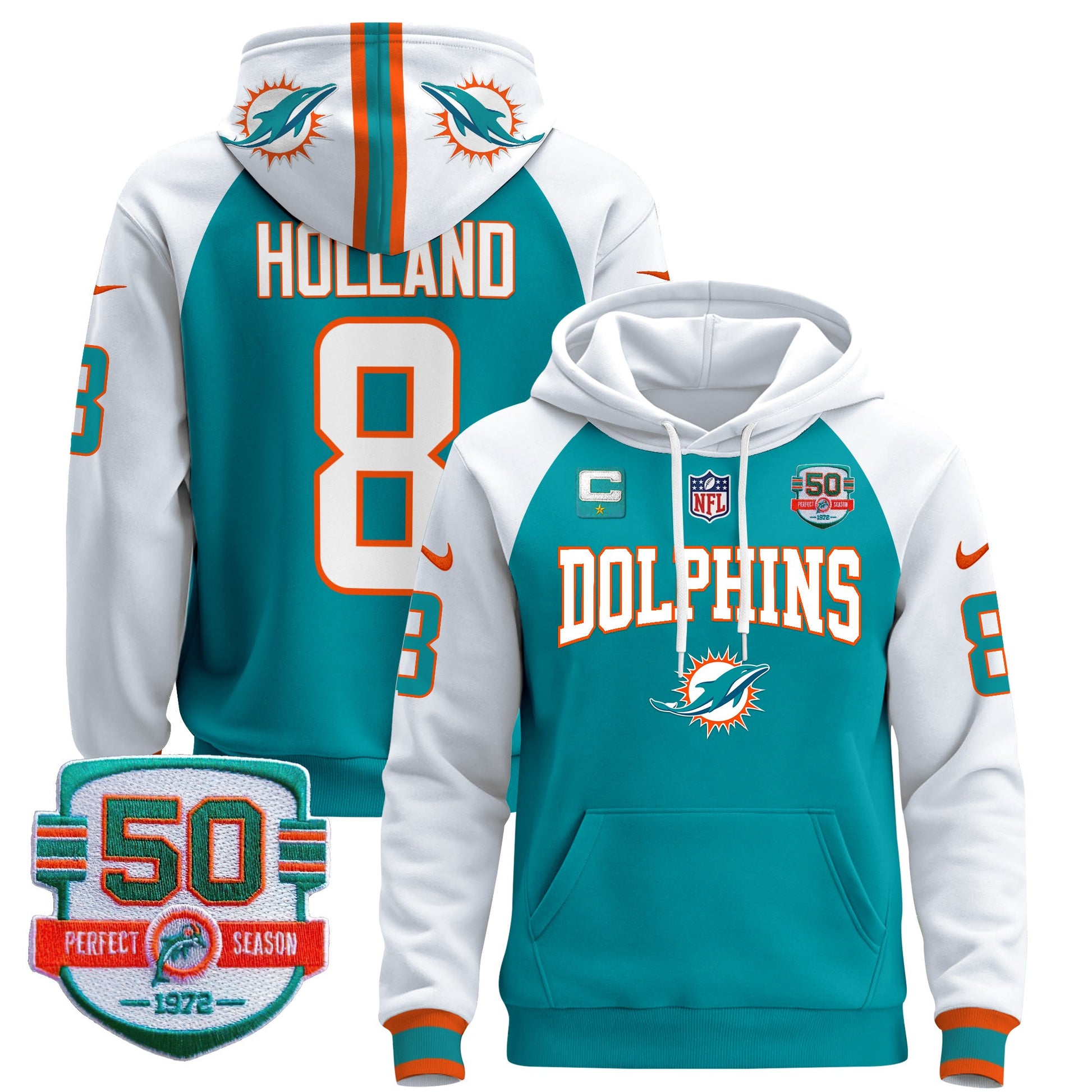 Men's Dolphins 50th 1972 Perfect Season Patch Pullover Hoodie V2 - All Stitched