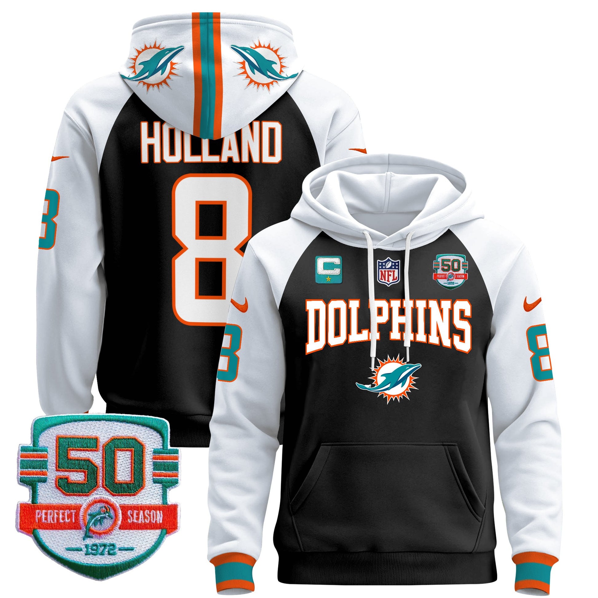 Men's Dolphins 50th 1972 Perfect Season Patch Pullover Hoodie V2 - All Stitched
