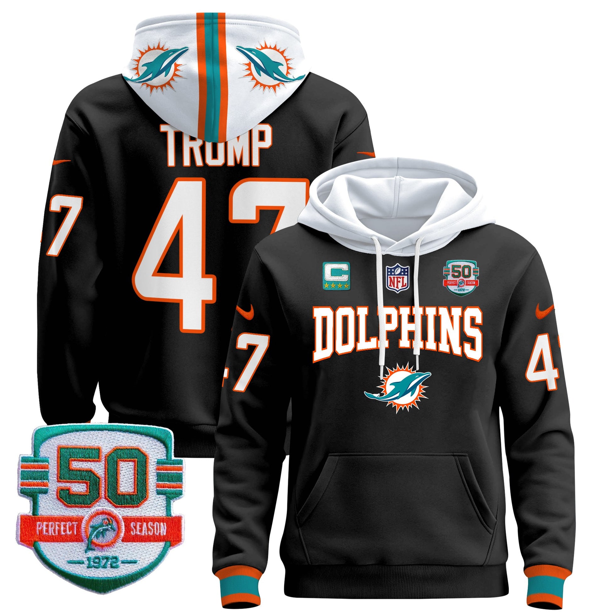 Men's Dolphins 50th 1972 Perfect Season Patch Pullover Hoodie V2 - All Stitched