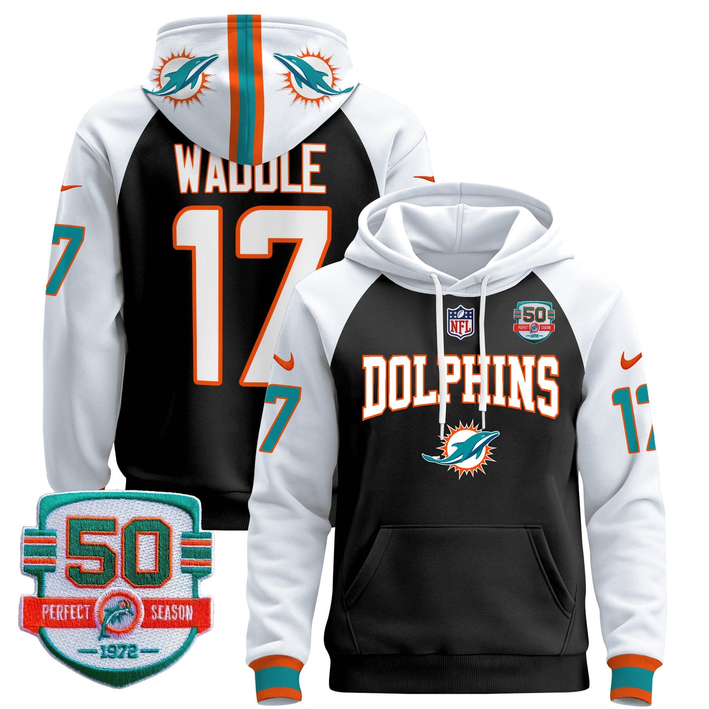 Men's Dolphins 50th 1972 Perfect Season Patch Pullover Hoodie V2 - All Stitched