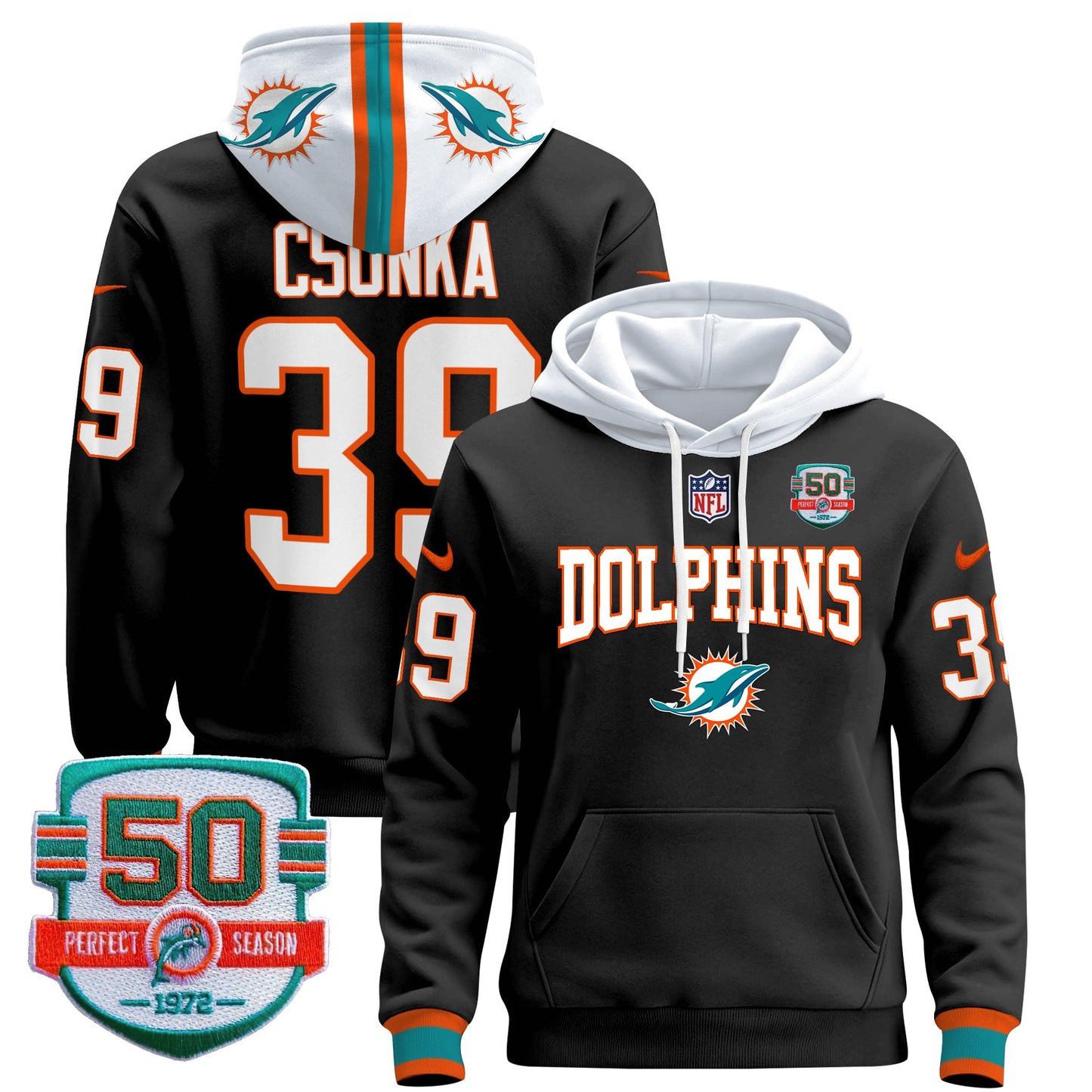 Men's Dolphins 50th 1972 Perfect Season Patch Pullover Hoodie V2 - All Stitched