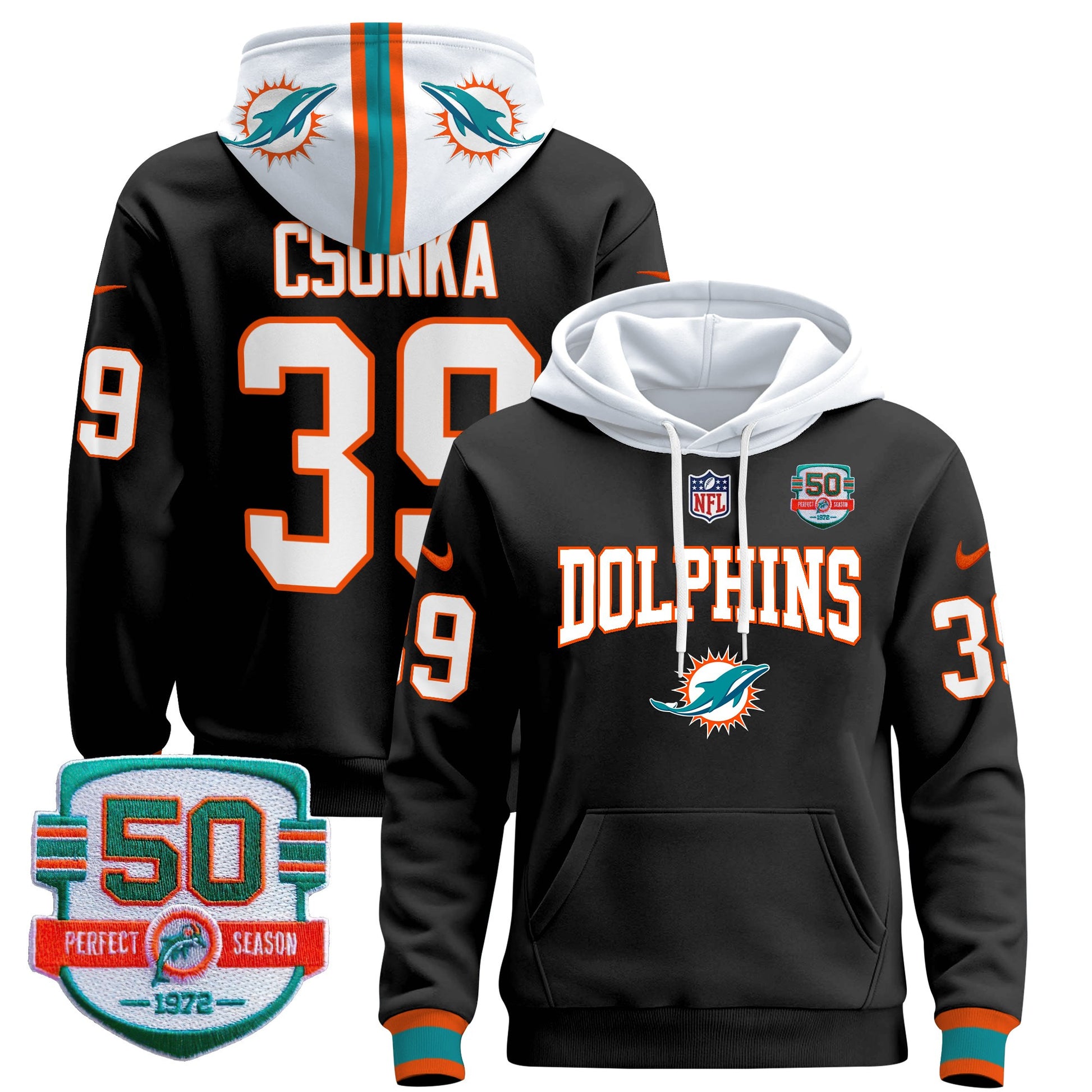 Men's Dolphins 50th 1972 Perfect Season Patch Pullover Hoodie V2 - All Stitched