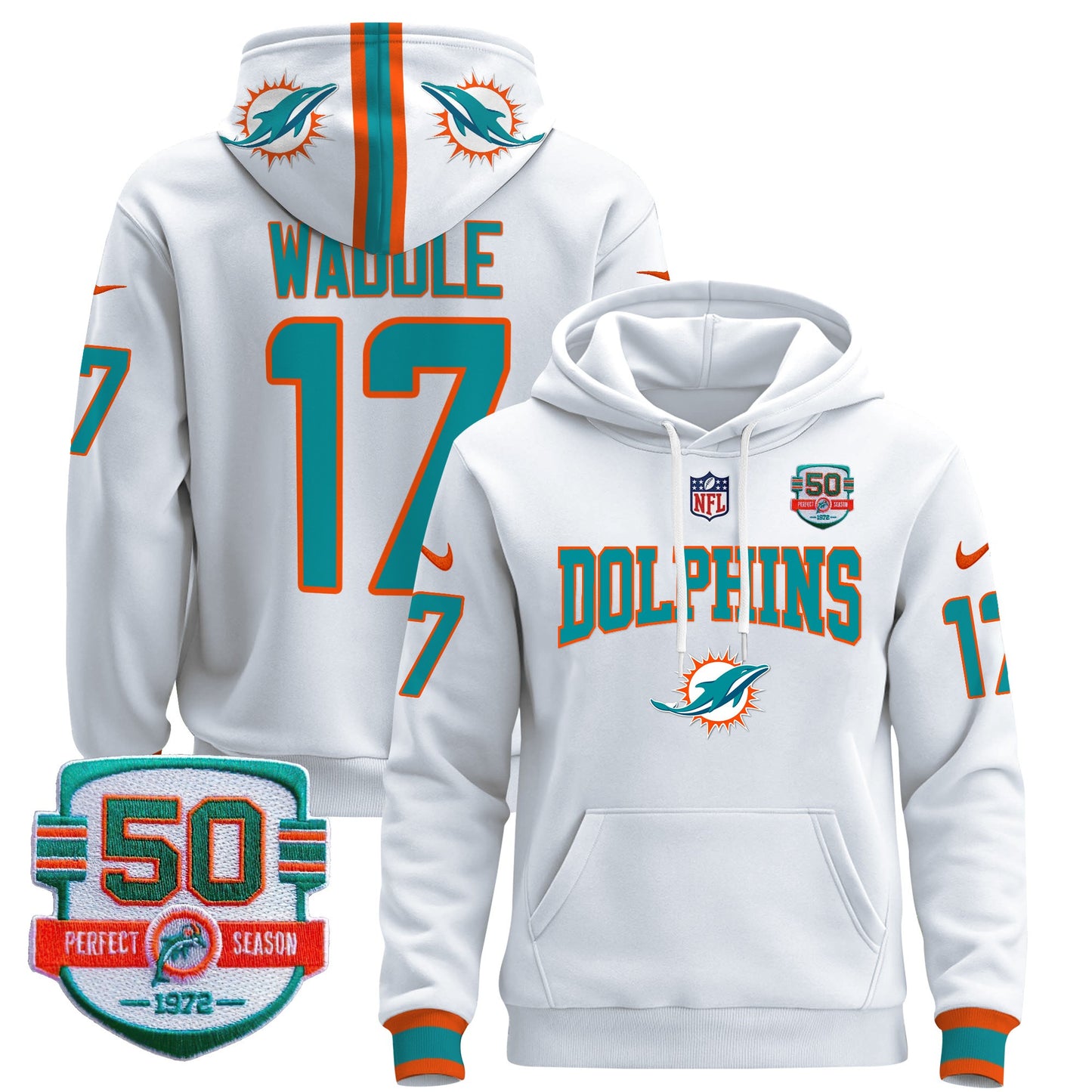Men's Dolphins 50th 1972 Perfect Season Patch Pullover Hoodie V2 - All Stitched