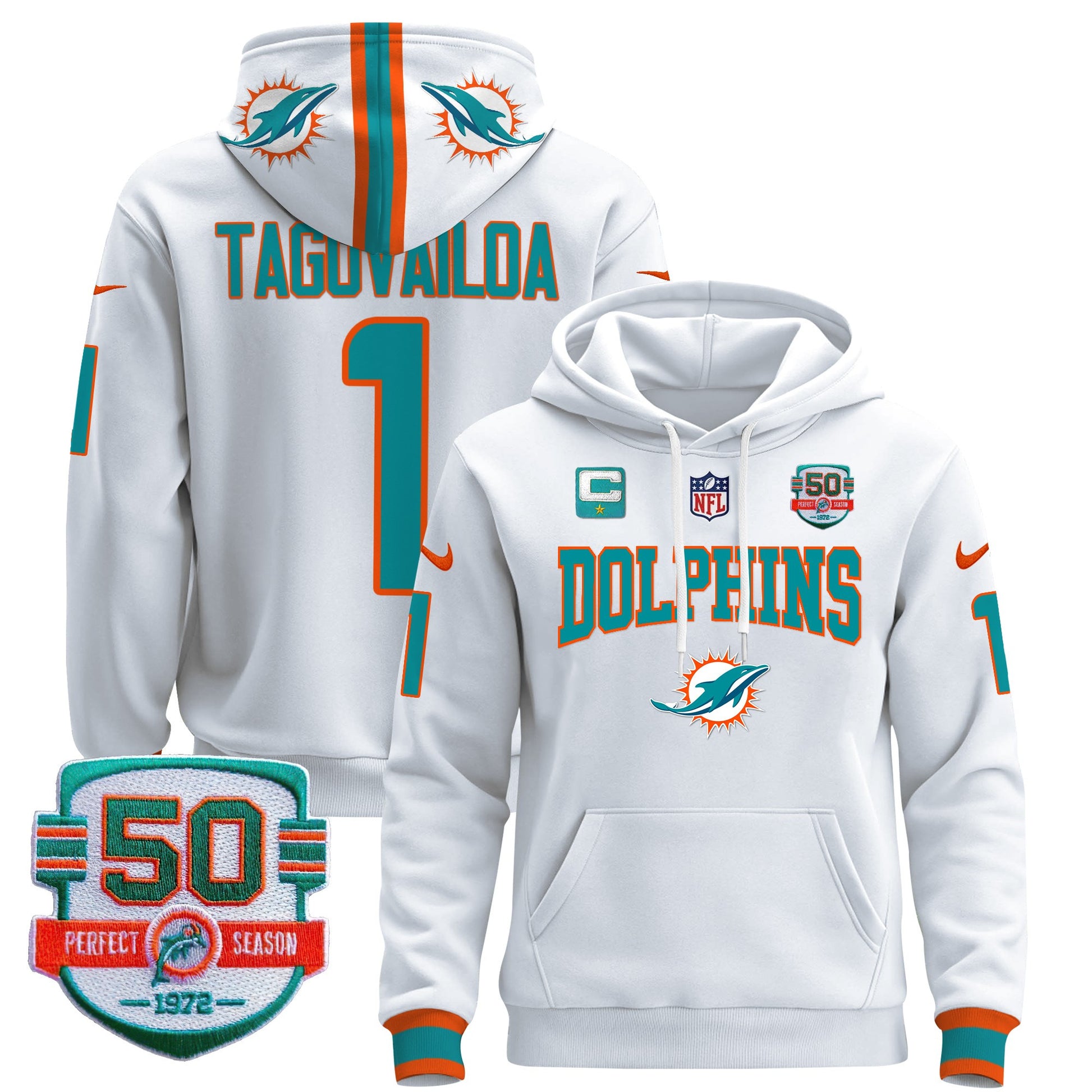 Men's Dolphins 50th 1972 Perfect Season Patch Pullover Hoodie V2 - All Stitched